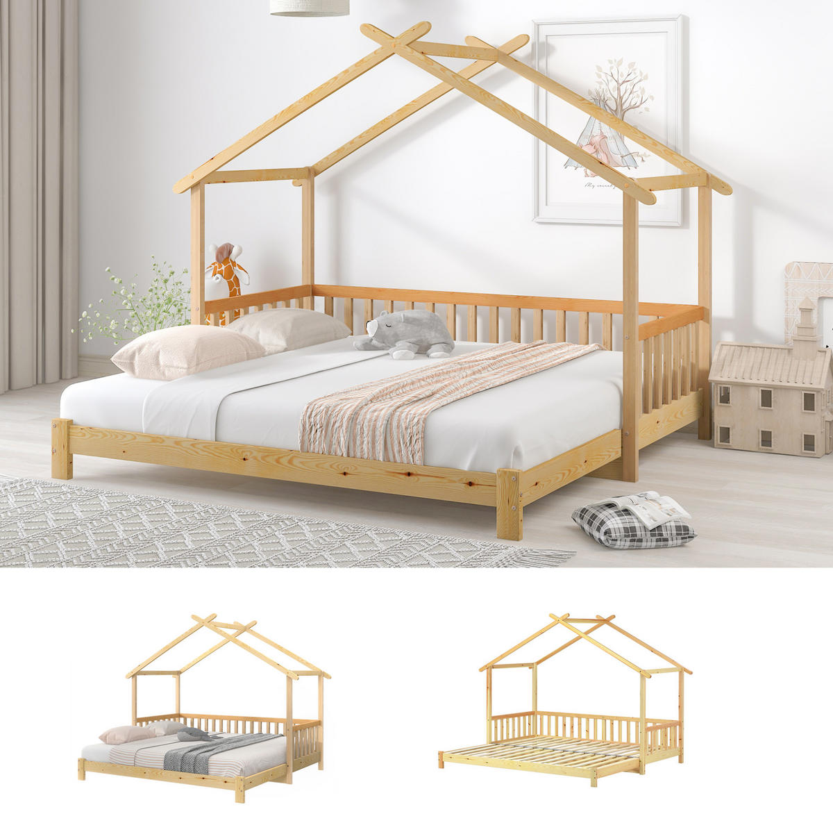HAUSBETT 90/180x200 cm aus Massivholz in Natur mit Hausrahmen und Schutzgitter - Naturfarben, Holz (90/200cm) - Flora Grace