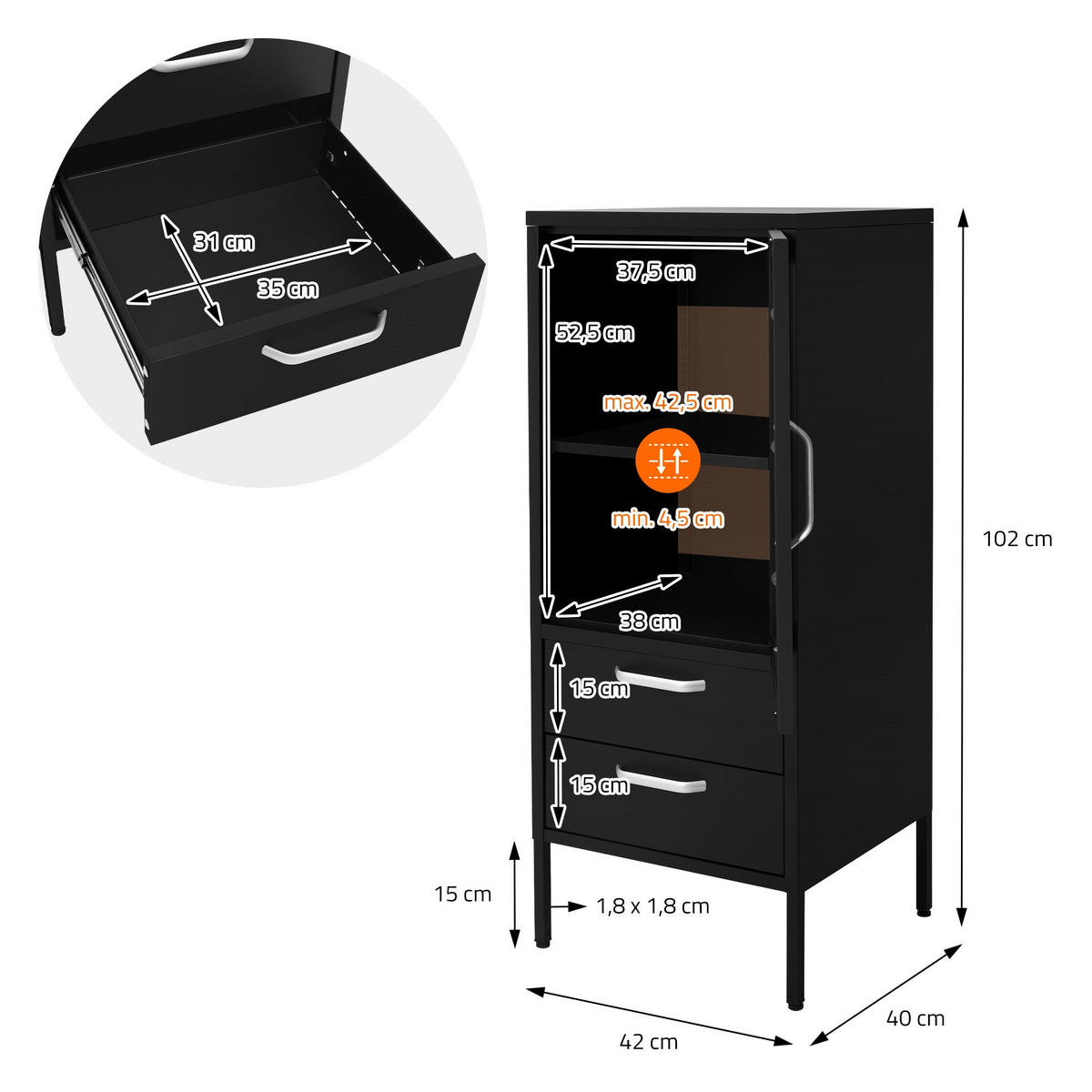 VITRINENSCHRANK Schwarz 42/40/102 cm - Schwarz, Metall (40/102/42cm) - ML-DESIGN