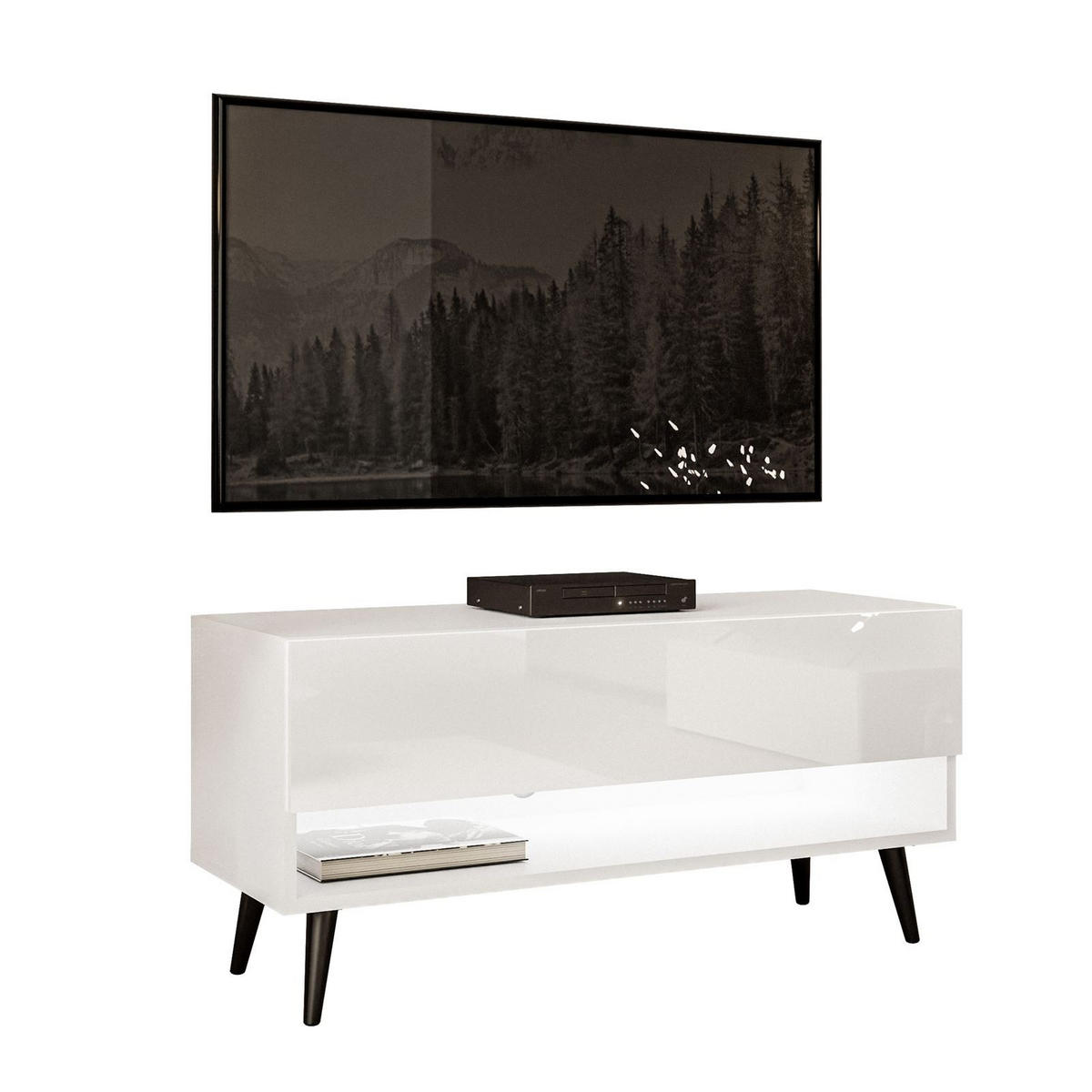LOWBOARD TV-Schrank CALANTE 90 cm auf schrägen schwarzen Beinen - Weiß Hochglanz/Schwarz, Holzwerkstoff/Metall (90/43/35cm) - Lookway