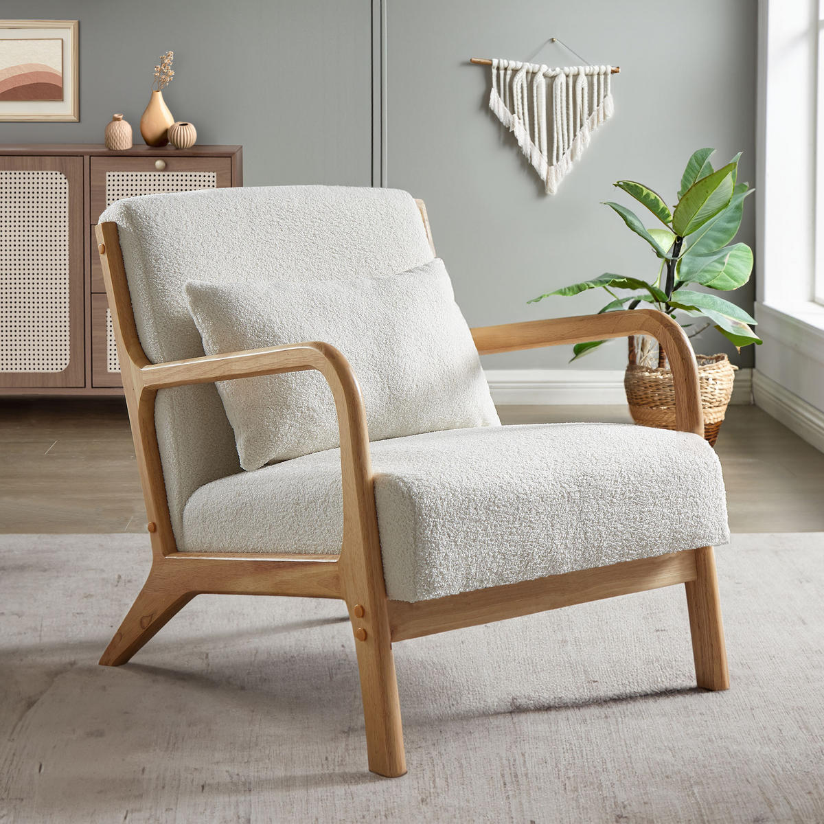 VINTAGE-SESSEL Marie Skandinavischer Weiß Bouclé - Weiß/Akaziefarben, Holz/Textil (65/74/84cm) - Sicaan