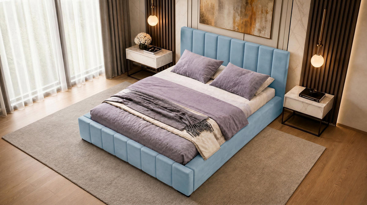 MARPUR Polsterbett NERO 180x200 cm mit Bettkasten und Lattenrost, Hellblau - Chromfarben/Hellblau, Holz/Holzwerkstoff (180/200cm) - Marpur