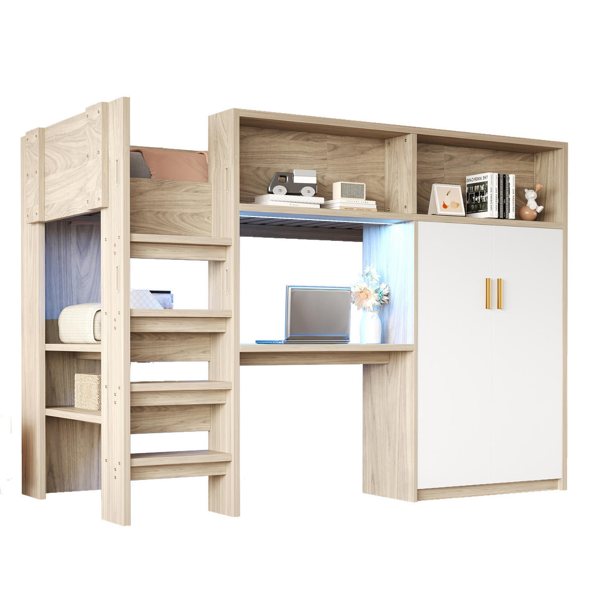 PATROVÁ postel 90/200 cm z přírodního MDF s psacím stolem, LED osvětlením a úložným prostorem - přírodní, kompozitní dřevo (90/200cm) - OKWISH