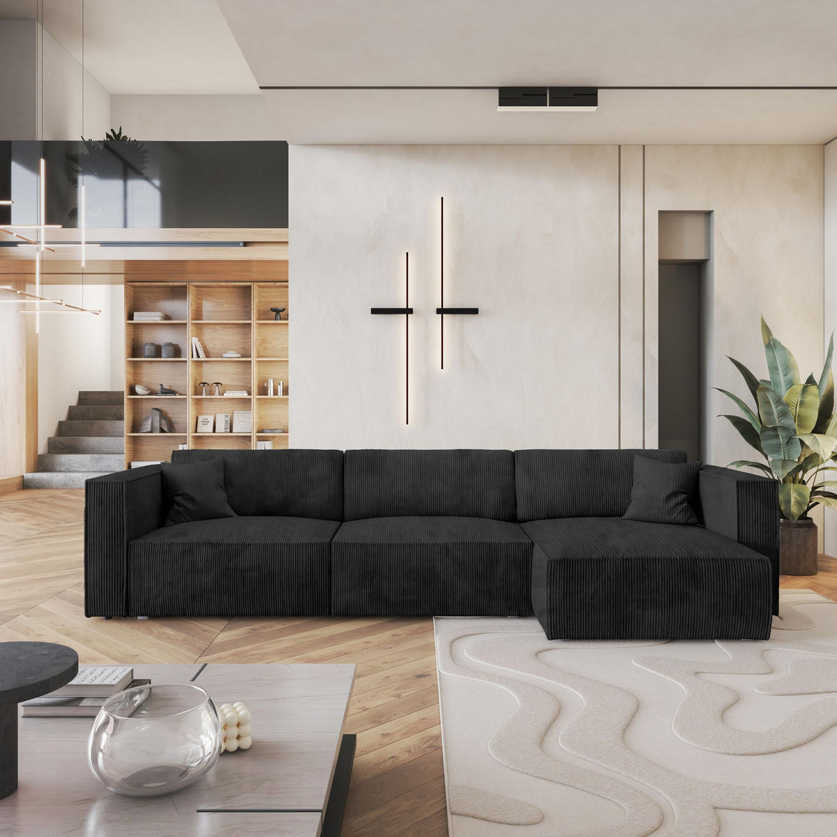 ECKSOFA TOLMO P Schwarz Kordstoff mit Schlaffunktion - Schwarz/Grau, Holz/Kunststoff (347/148cm) - MASSENO