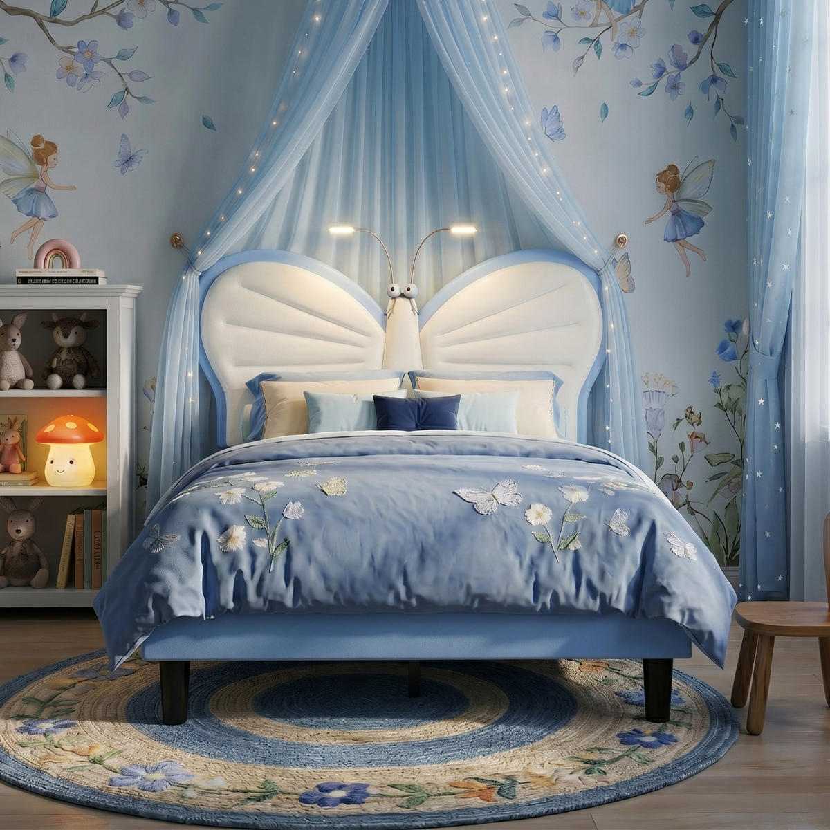 KINDERBETT Schmetterling mit LED-Leselampen 90/200 cm Samt Blau - Blau, Textil (90/200cm) - Creahappy