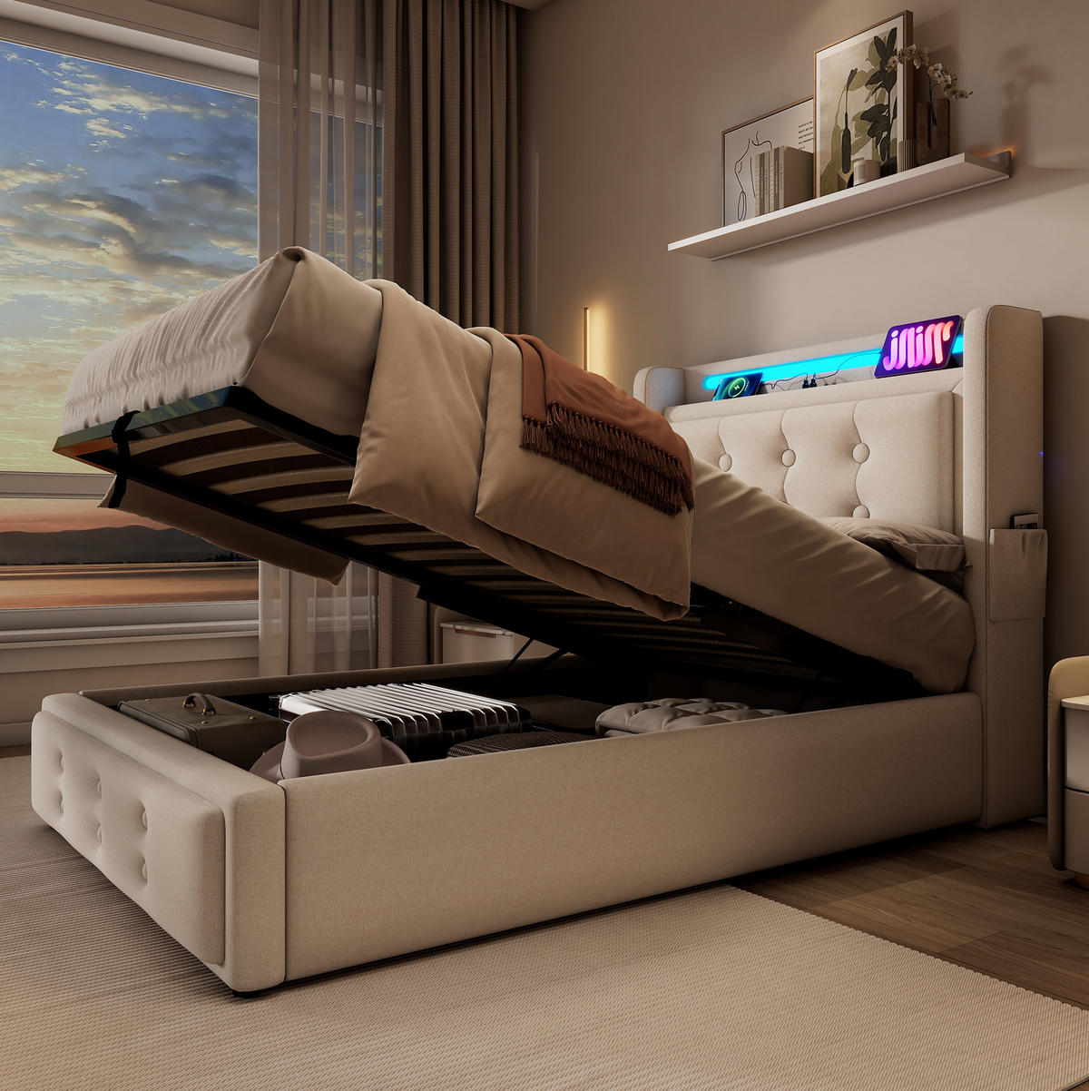 BETT mit Matratze und Stauraum 90x200 cm Beige mit USB und LED - Weiß, Metall (90/200cm) - Meubliv