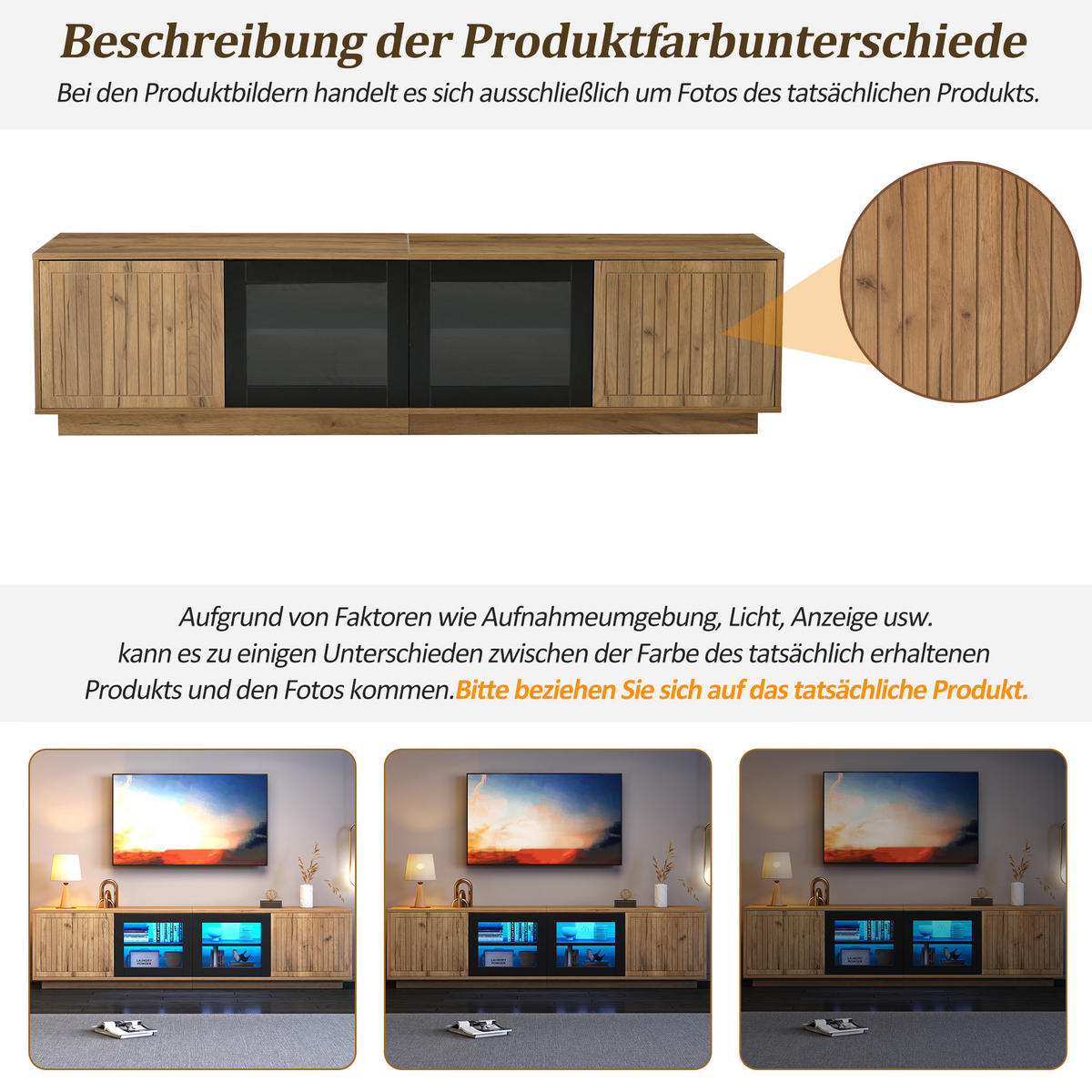 TV LOWBOARD 180cm 75 Zoll LED Glas Naturholz Schwarz modern - Naturfarben, Holzwerkstoff (40/45/180cm) - FLIEKS