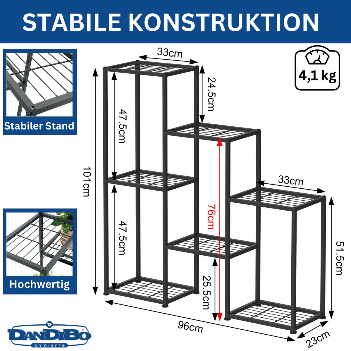 BLUMENREGAL indoor Metall Schwarz 6 Ebenen - Schwarz, Metall (96/101/23cm) - DanDiBo