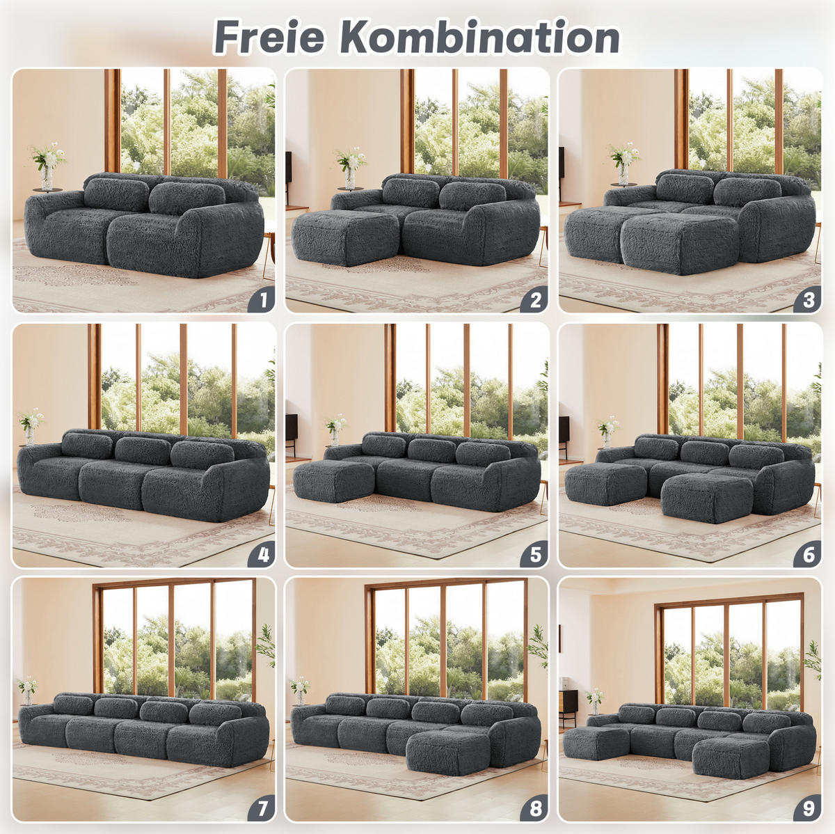 SOFA 291/179/73 cm in Grau mit Ottomans, rahmenlos und besonders weich - Grau, Textil (179/73/291cm) - Flora Grace