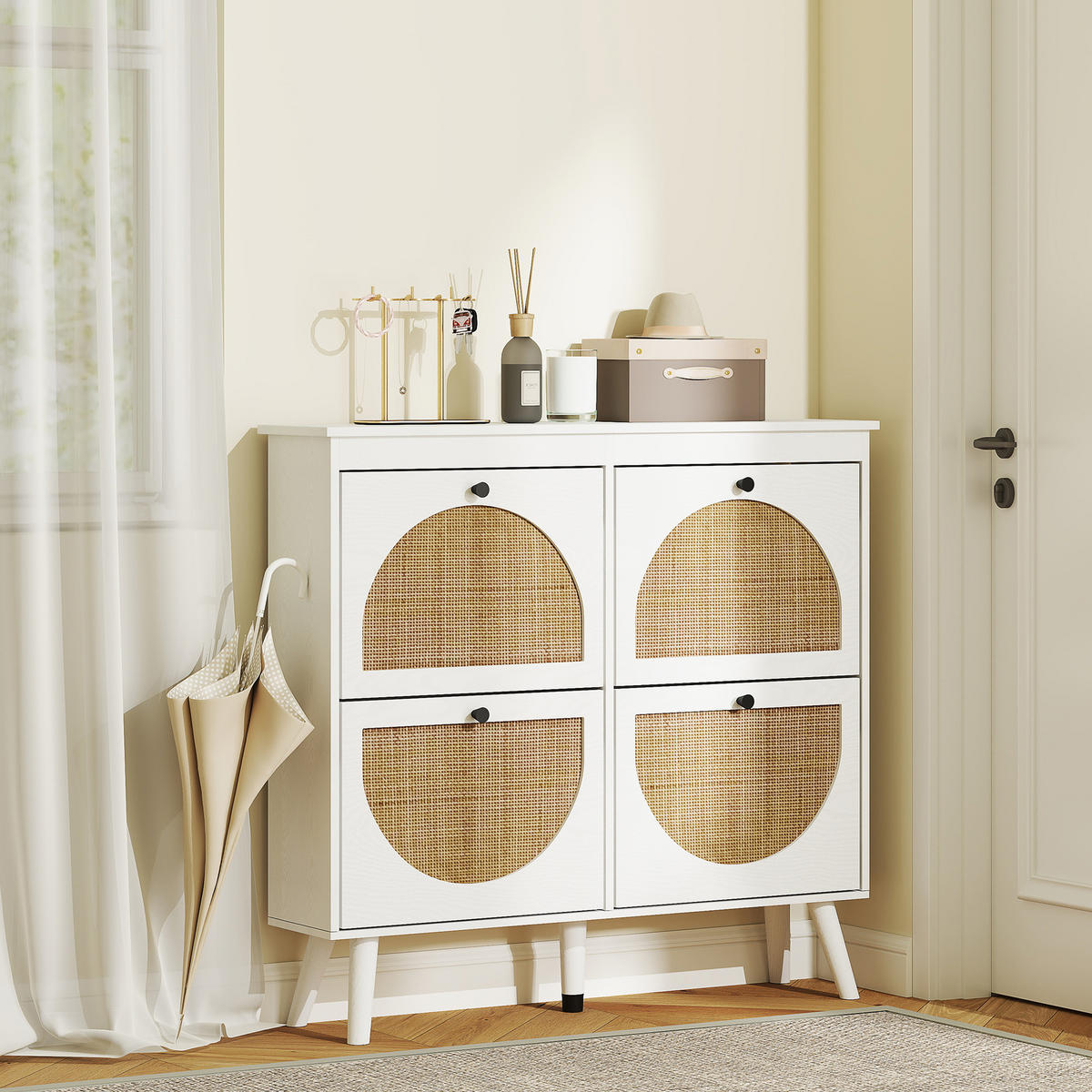 SCHUHSCHRANK DE-15022 4 Klapptüren in Rattan-Optik Weiß - Weiß, Holzwerkstoff (105/97.5/24cm) - ComfortXL