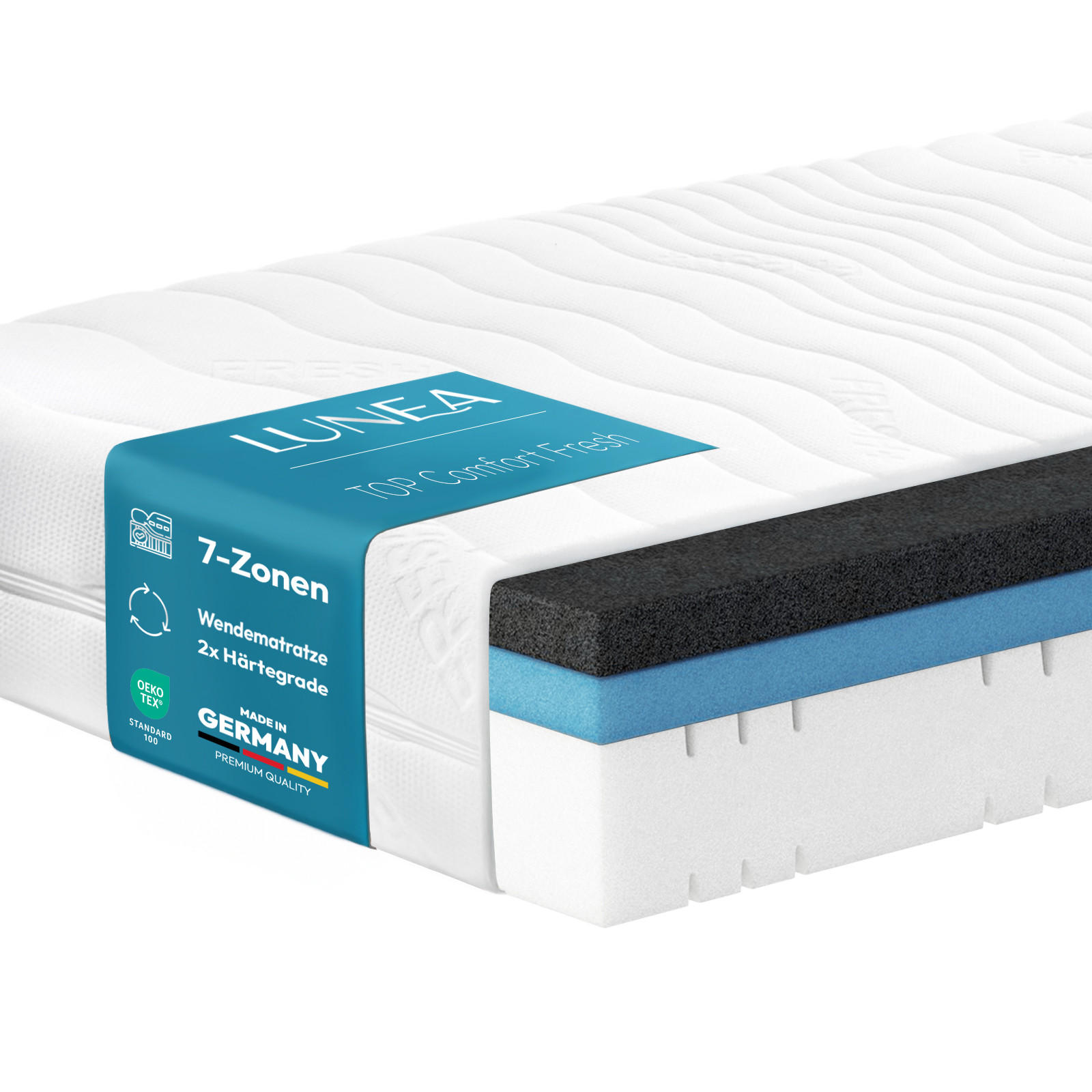7-ZONEN-KALTSCHAUMMATRATZE 90x200 cm, 24 cm Höhe – Dreilagig H3-Kern mit zwei integrierten Toppern in H3/H4 - Weiß, Textil (90/200cm) - Lunea