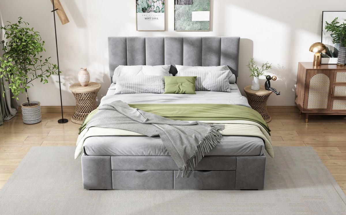 POLSTERBETT 140/200 cm Grau aus Samt mit 4 Schubladen - Grau, Textil (140/200cm) - OKMYHOME