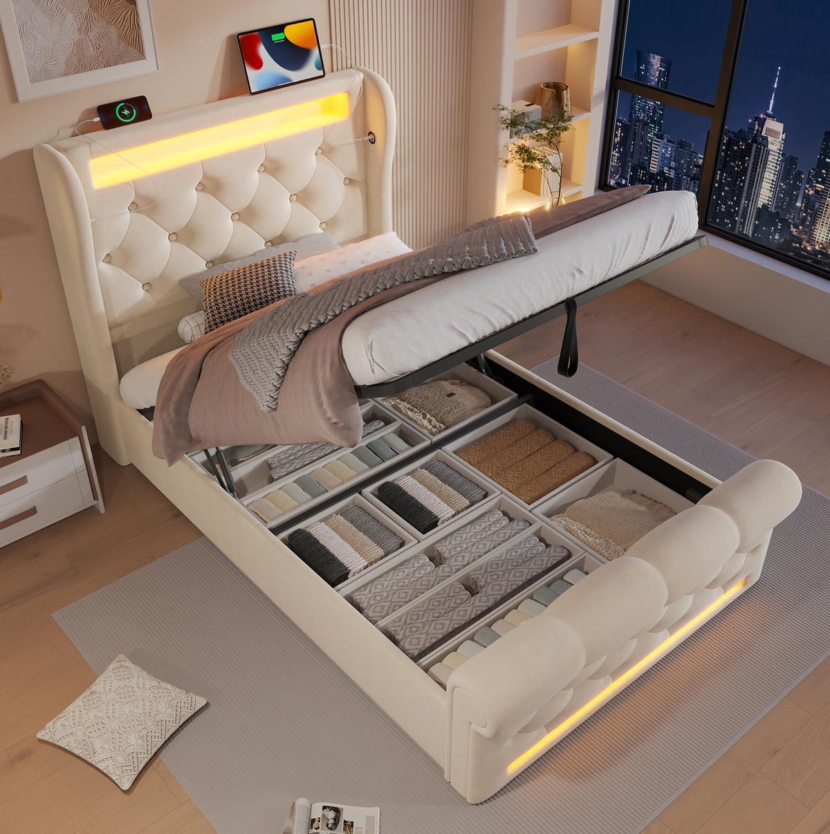 POLSTERBETT 90/200 cm in Beige mit LED-Beleuchtung und USB- und Type-C-Anschlüssen - Beige, Textil (90/200cm) - Flora Grace