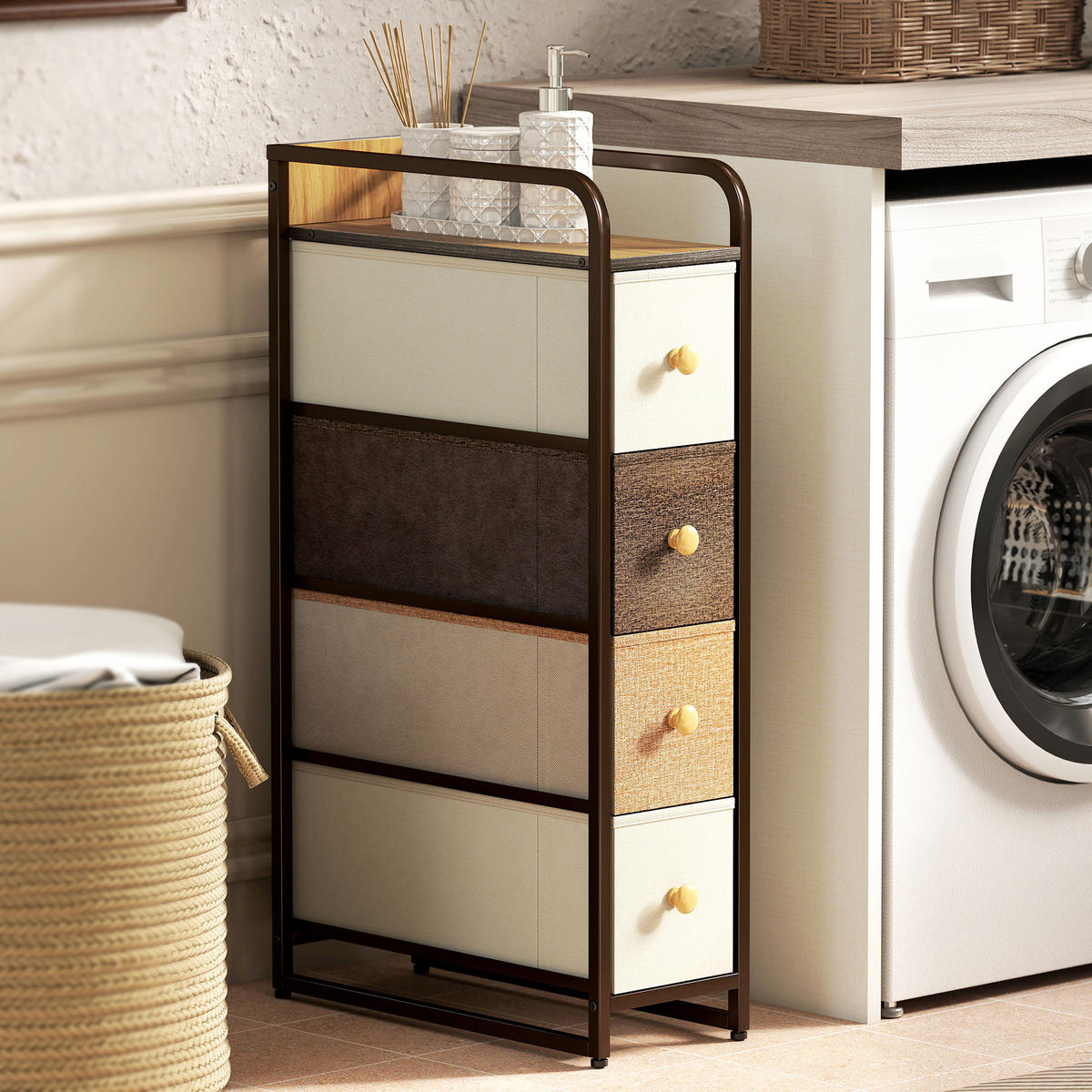 KOMMODE Schrank mit 4 Schubladen aus Vliesstoff Stahlrahmen Schubladenschrank - Multicolor/Braun, Holz/Textil (47/84.5/20cm) - HOMCOM