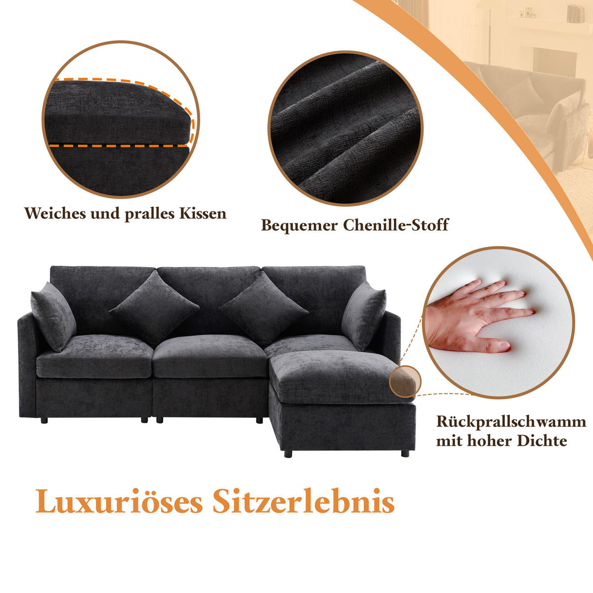 ECKSOFA Chenille mit Hocker 216/161/81 cm Grau abziehbare Sitzkissen - Grau, Textil (161/216cm) - Redom