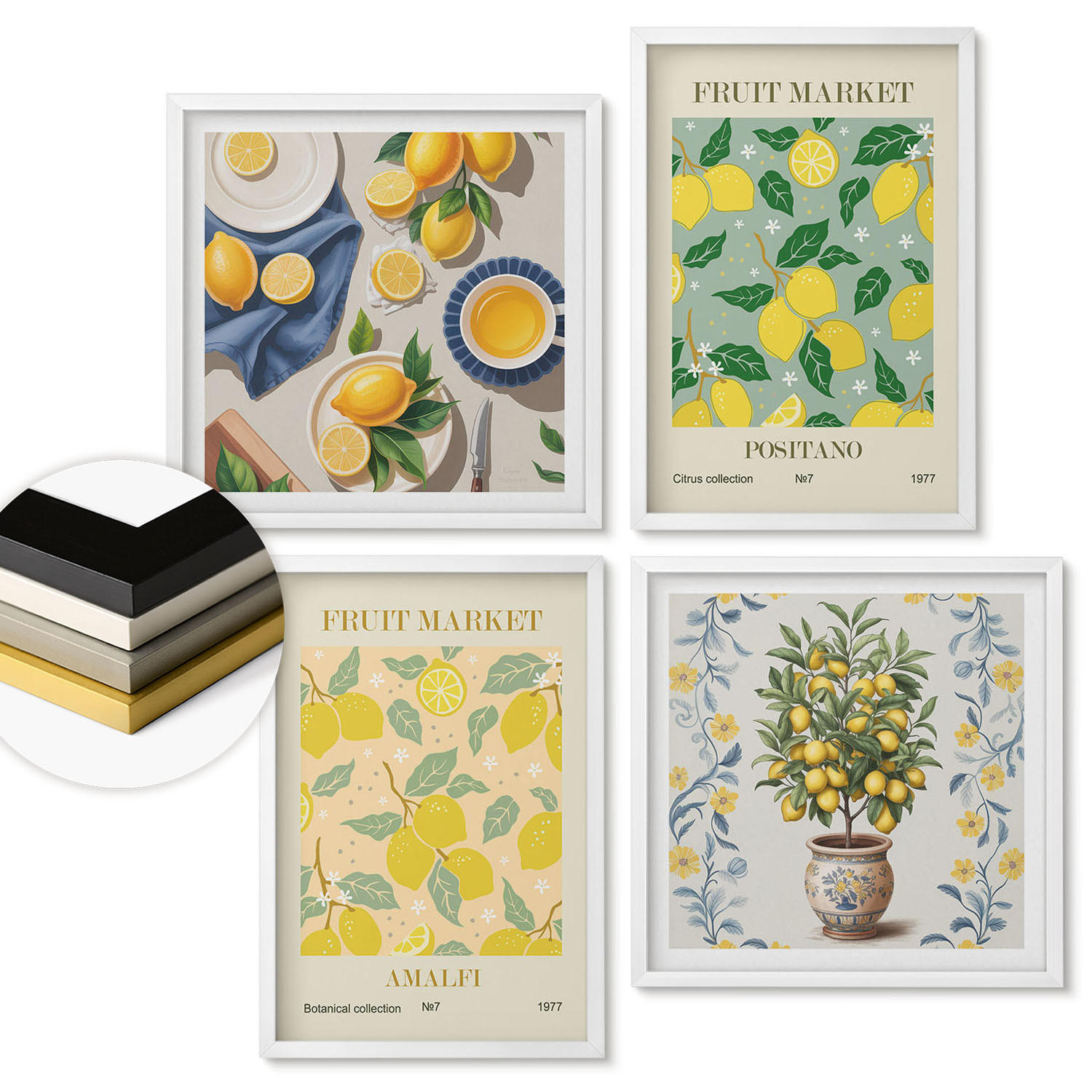 WANDBILDER 4er-Set - 50x50 cm & 40x60 cm Weißer Rahmen - Zitrusfrüchte aus Italien - Weiß, Kunststoff (50/50cm) - ArtPrintCave