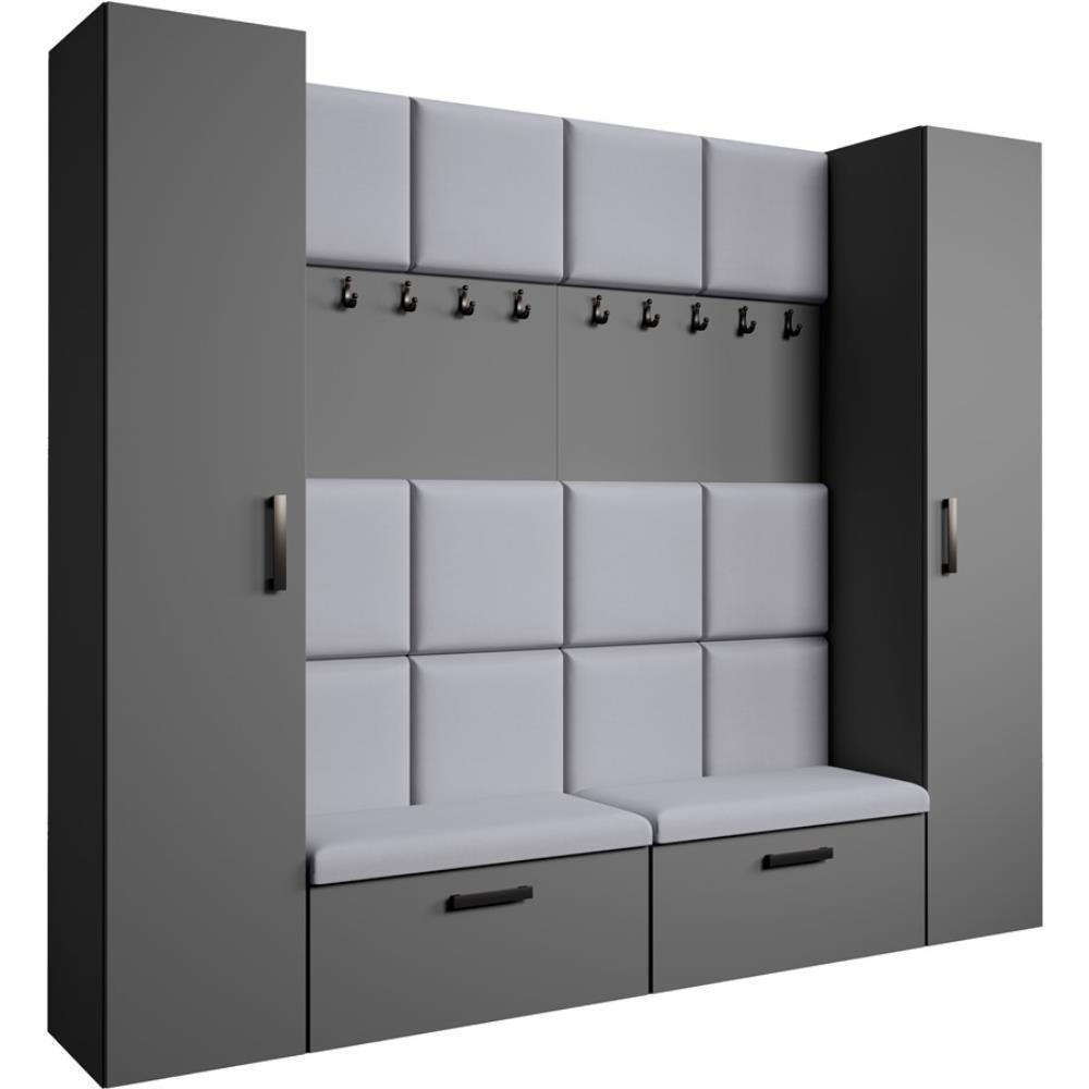 GARDEROBE Margaret XL 242/203/43 mit gepolsterten Paneelen und Schuhschrank - Schwarz/Graphitfarben, Holzwerkstoff/Kunststoff (242/203/43cm) - Beautysofa