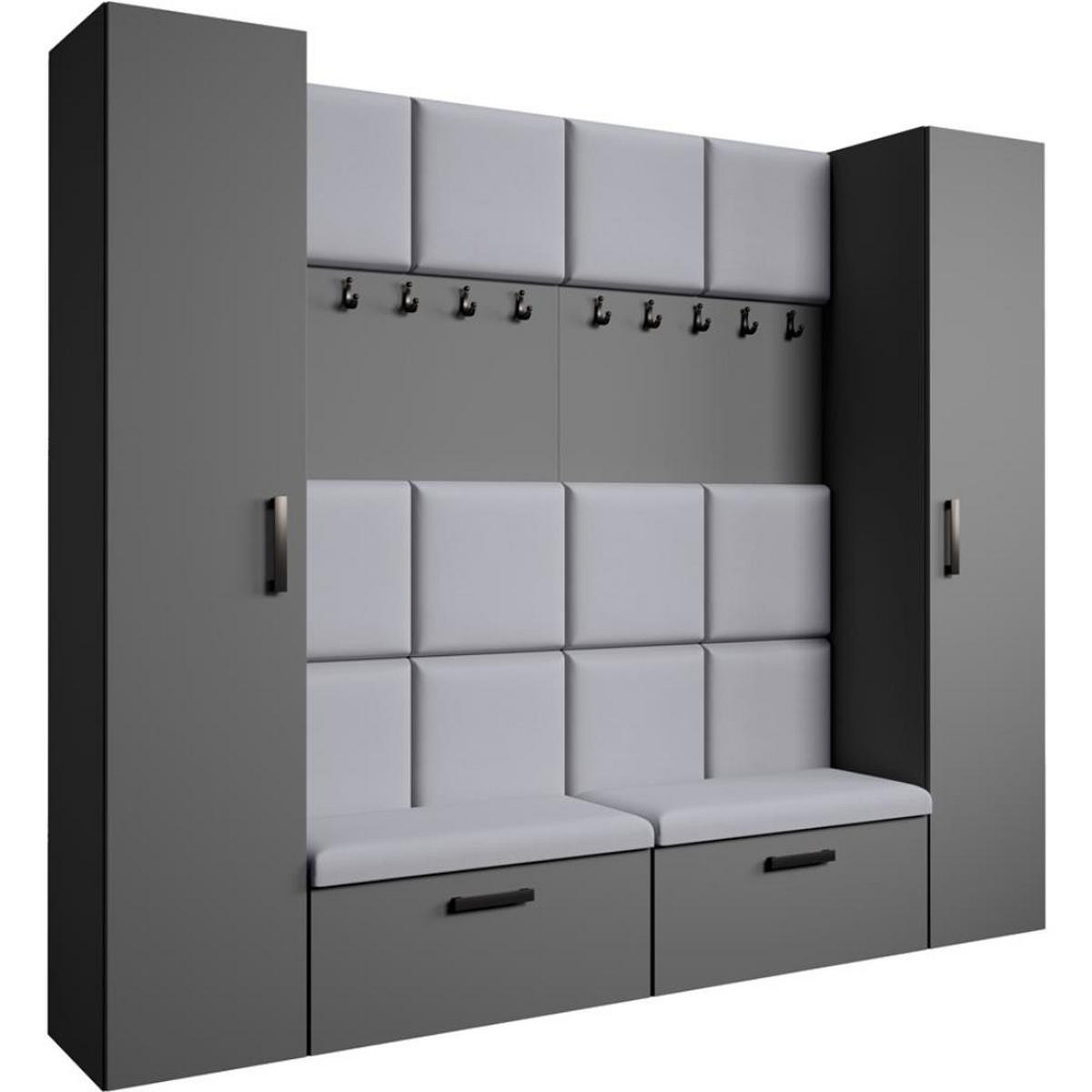 GARDEROBE Margaret XL 242/203/43 mit gepolsterten Paneelen und Schuhschrank - Schwarz/Graphitfarben, Holzwerkstoff/Kunststoff (242/203/43cm) - Beautysofa