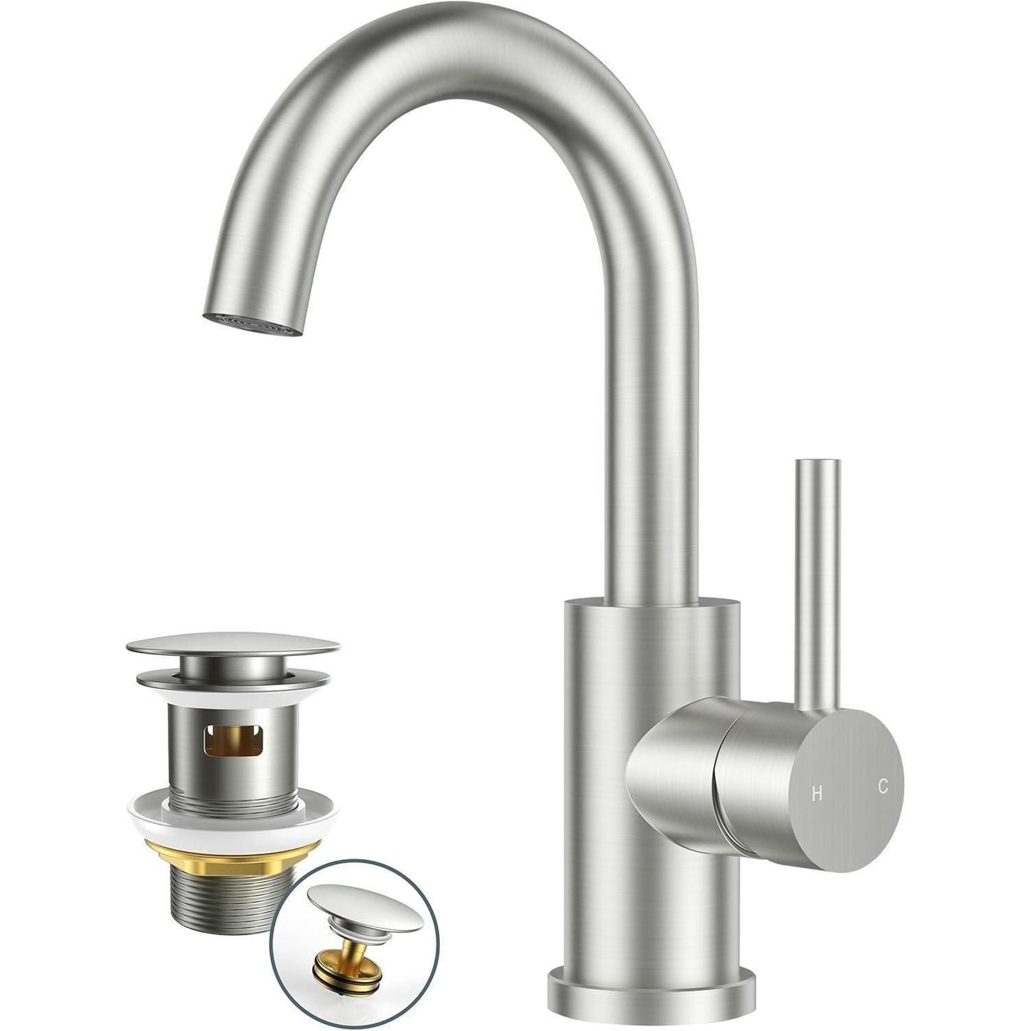 WASCHTISCHARMATUR Hoch mit Ablaufgarnitur 175 mm gebürstet Edelstahl - Silberfarben, Metall (15.1/17.5/25cm)