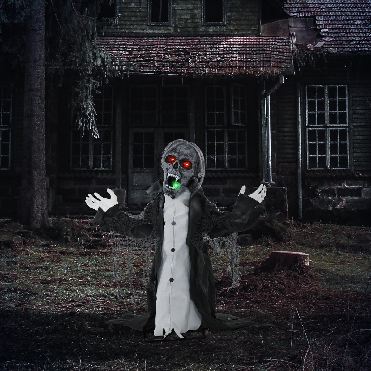 HALLOWEENDEKO DE-42074 Bewegliches Skelett/Zombie mit LED und Sound 75 cm - Dunkelgrau, Metall (102/75/32cm) - ComfortXL