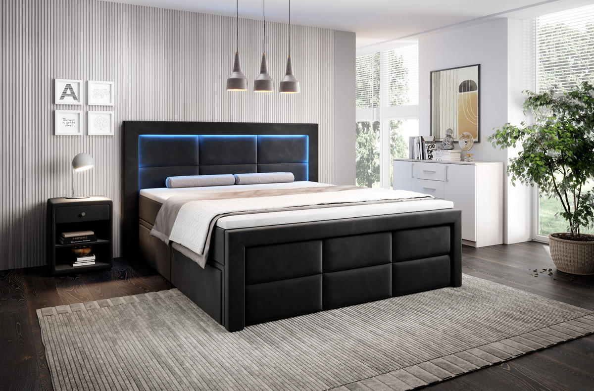 BOXSPRINGBETT Aspen mit Schubladen und Topper, LED-Beleuchtung, Samt, 180x200 cm, Schwarz - Schwarz, Holz - PROMETO Möbel