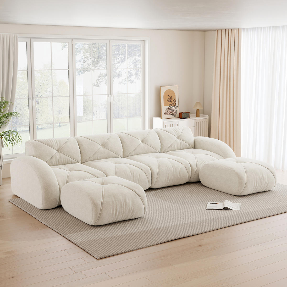 WOHNLANDSCHAFT Chenille Hellbeige mit 2 Hocker - Weiß, Textil (358/76/171cm) - WISHDOR