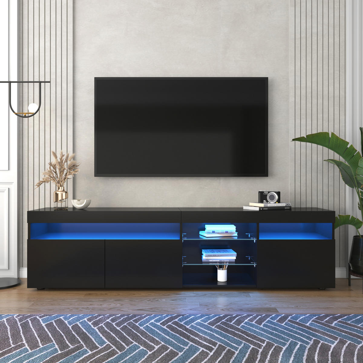 LOWBOARD in Schwarz mit LED-Beleuchtung und Stauraum für Wohn- und Esszimmer, B180/T35/H48cm - Schwarz, Glas/Holzwerkstoff (180/45/35cm) - STILVORA