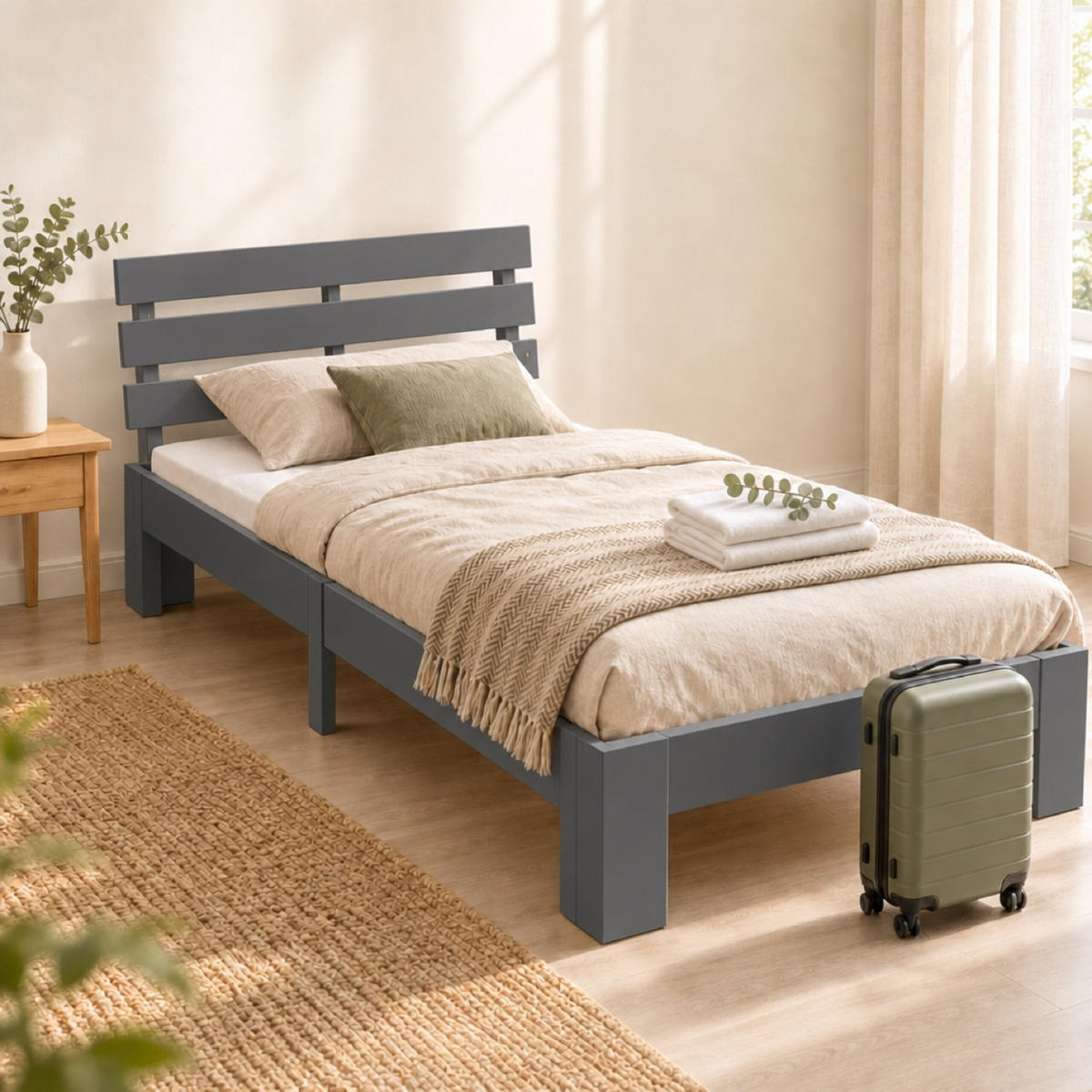 BETT Grau Massivholz Kiefer mit Lattenrost 90x200 cm - Anthrazit, Holz - Relaxdays