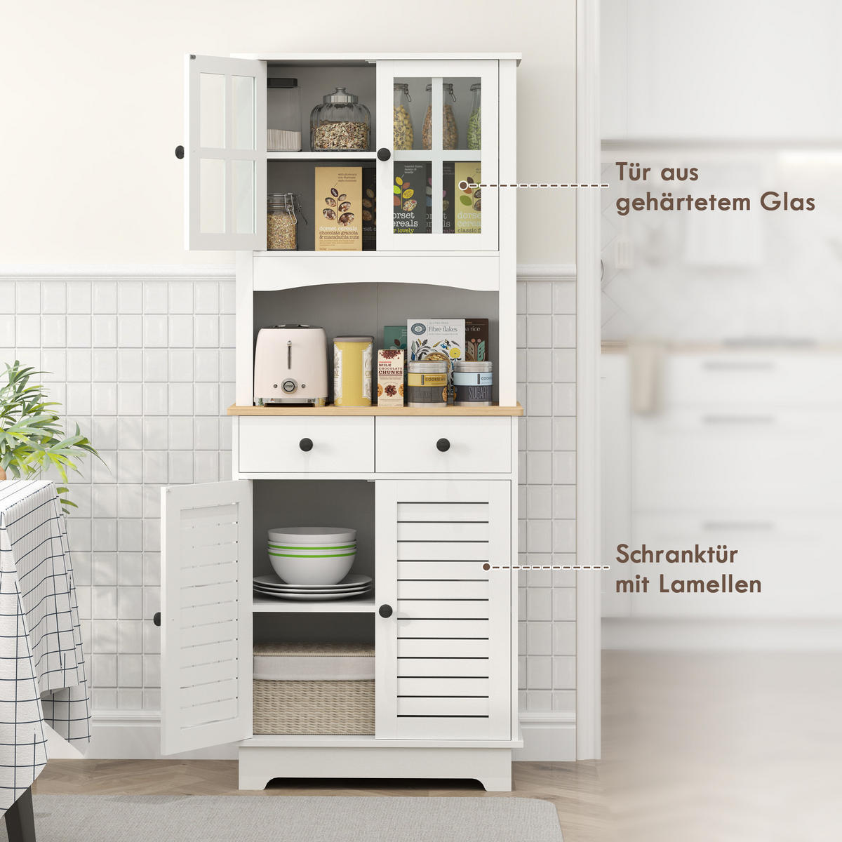 KÜCHENSCHRANK, Hochschrank mit Schränken, Küchenbuffet mit verstellbaren Ablagen - Schwarz/Weiß, Holzwerkstoff/Metall (39.5/170/68cm) - HOMCOM