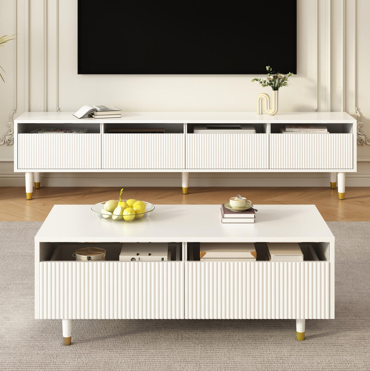 OBÝVACÍ sestava z MDF 178x35x45 / 110x50x40 cm bílá s LED osvětlením, úložným prostorem a akrylovými prvky - bílá, kompozitní dřevo (178/35/45cm) - Modfu