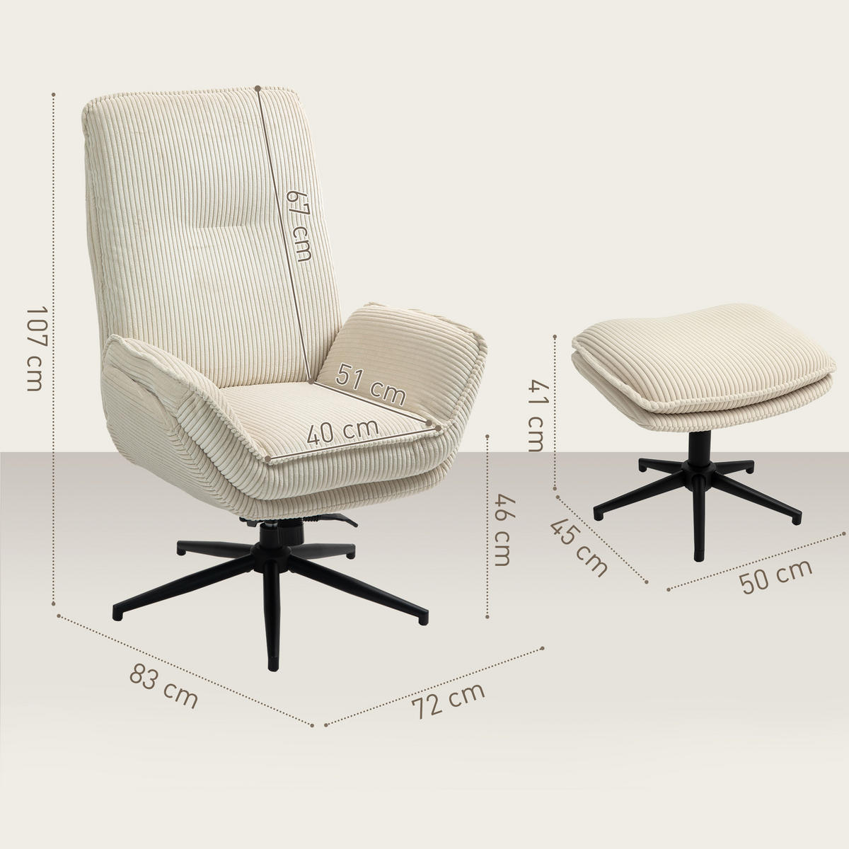 RELAXSESSEL mit Hocker 360°Drehbarer Fernsehsessel mit Liegefunktion, Cord Beige - Beige, Textil (72/107/83cm) - HOMCOM