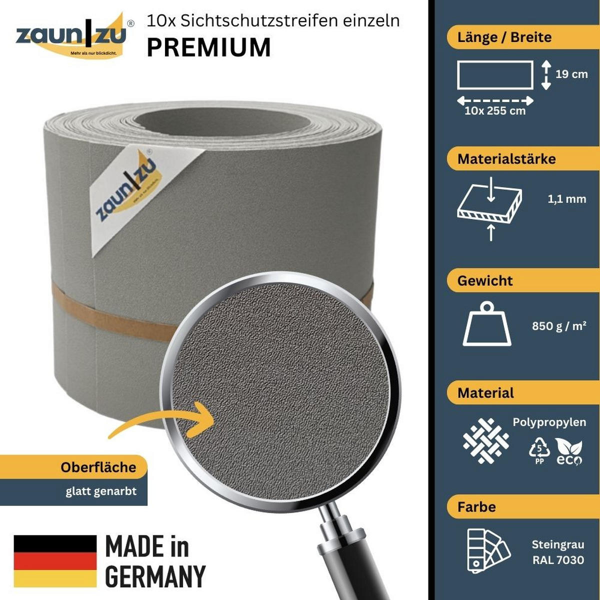 SICHTSCHUTZSTREIFEN PP Sichtschutzstreifen Doppelstabzaun Steingrau,10x 2,55m - Graubraun, Kunststoff (2550/19cm) - ZAUN|ZU