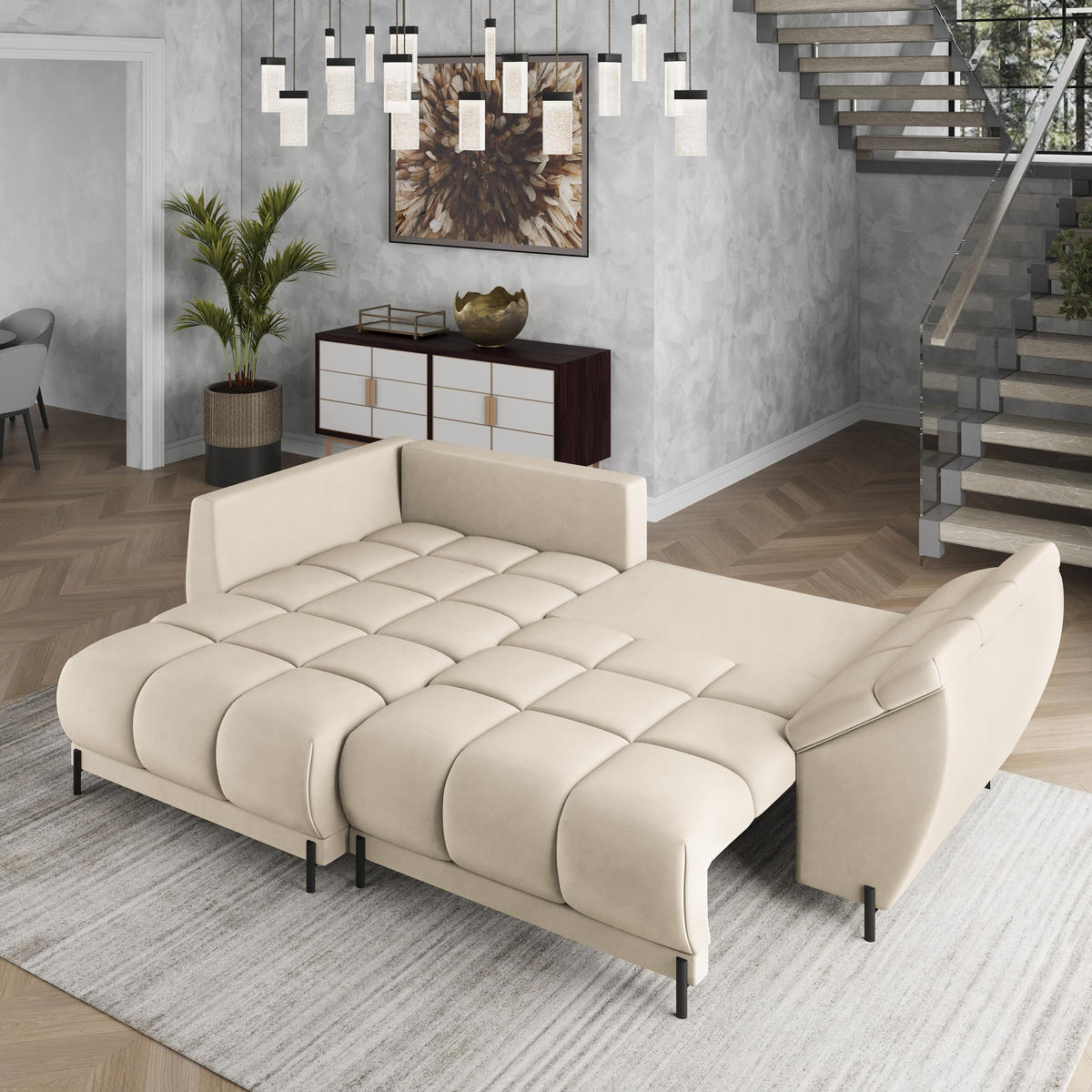 ECKSOFA VESTANO L-S Creme Velours-Stoff mit Schlaffunktion - Creme, Holz (287/182cm) - MASSENO