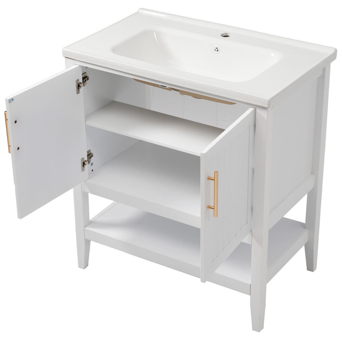 WASCHTISCH mit Unterschrank aus MDF 80x47x89 cm in Weiß, bodenstehend, pflegeleicht und mit Keramikbecken - Weiß, Holzwerkstoff (80/89/47cm) - Modfu