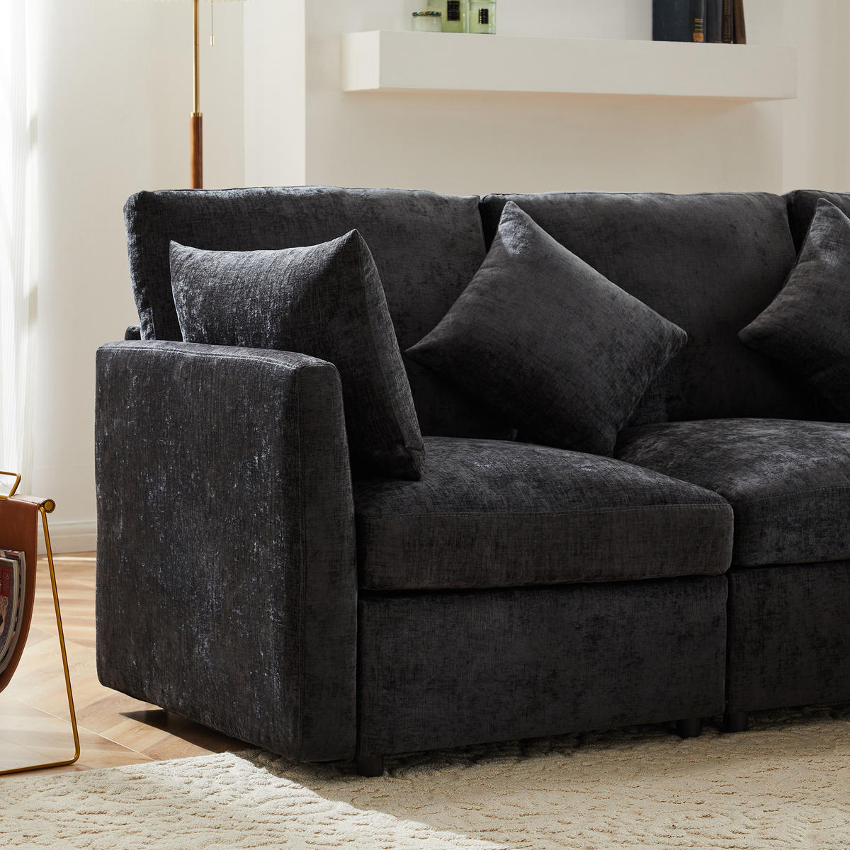 4-SITZER ECKSOFA Chenille Grau mit Hocker und Kissen - Grau, Holzwerkstoff/Kunststoff (216/161cm) - WISHDOR