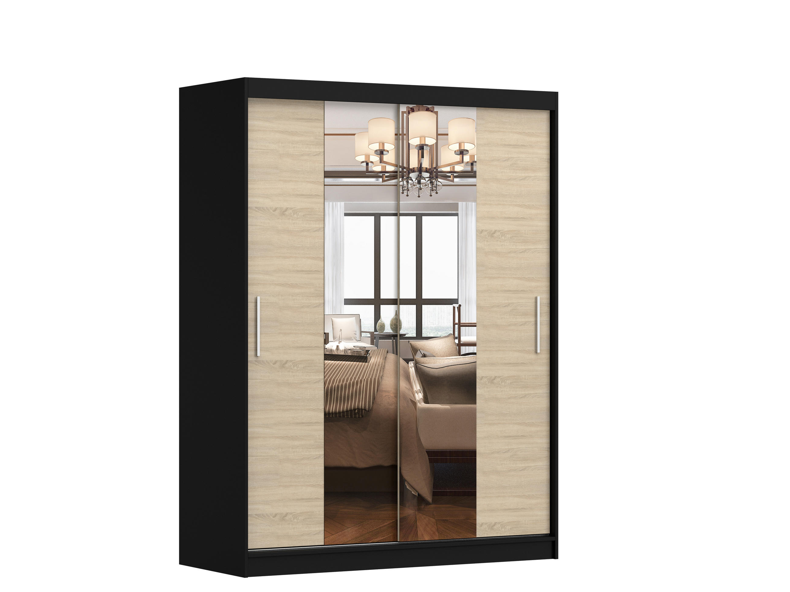 SCHWEBETÜRENSCHRANK Vista 01 Schwarz/Sonoma Eiche + Spiegel, mit LED-Beleuchtung 150cm - Alufarben/Schwarz, Glas/Holzwerkstoff (150/200/61cm) - imoebel24