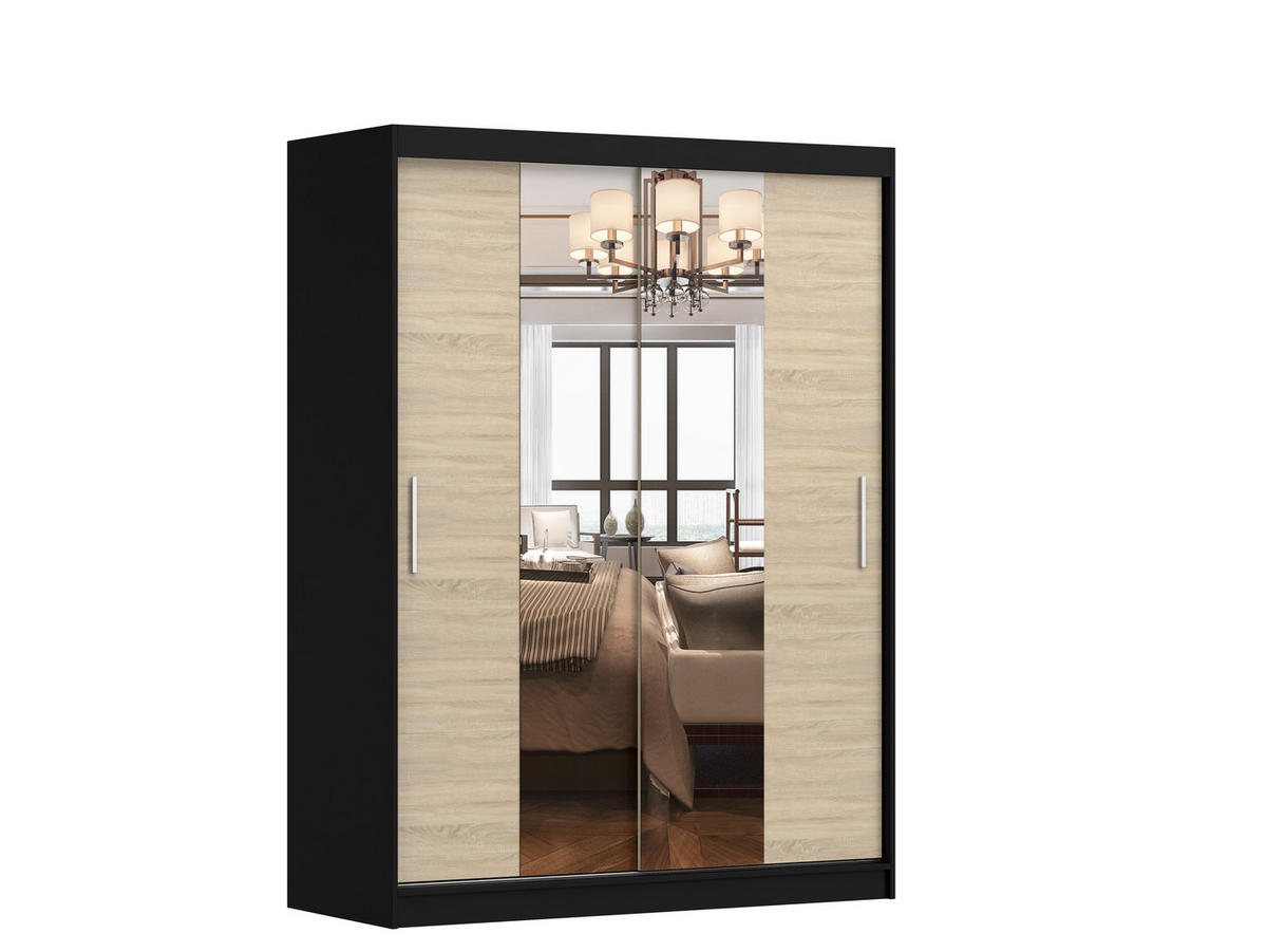 SCHWEBETÜRENSCHRANK Vista 01 Schwarz/Sonoma Eiche + Spiegel, mit LED-Beleuchtung 150cm - Alufarben/Schwarz, Glas/Holzwerkstoff (150/200/61cm) - imoebel24