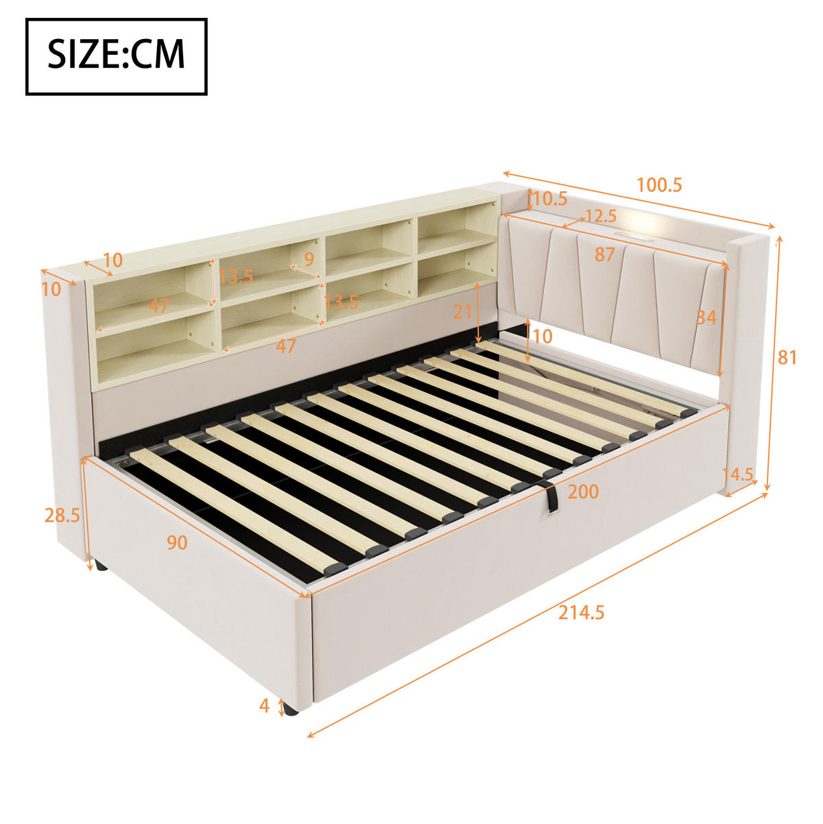 SAMT-POLSTERBETT 90/200 cm mit Bettkasten, USB-C und gepolstertem Kopfteil - Beige, Textil (90/200cm) - BEAOK