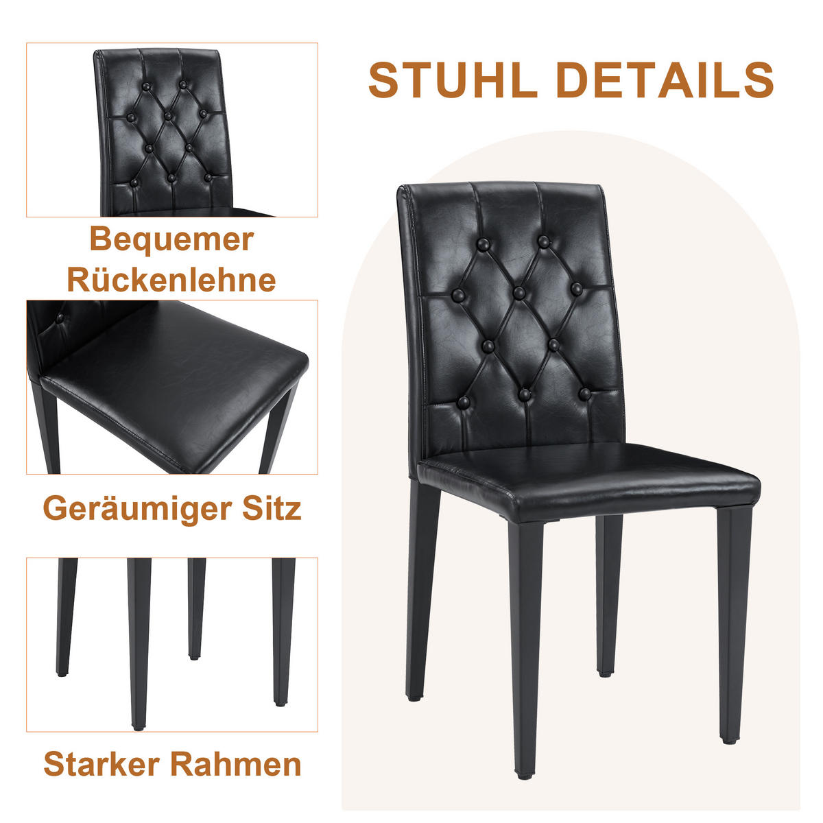 ESSGRUPPE DE-39482 5-teilig, Glastisch und 4 PU-Stühlen mit Knopfverzierung Schwarz - Schwarz, Metall (85/75/85cm) - ComfortXL