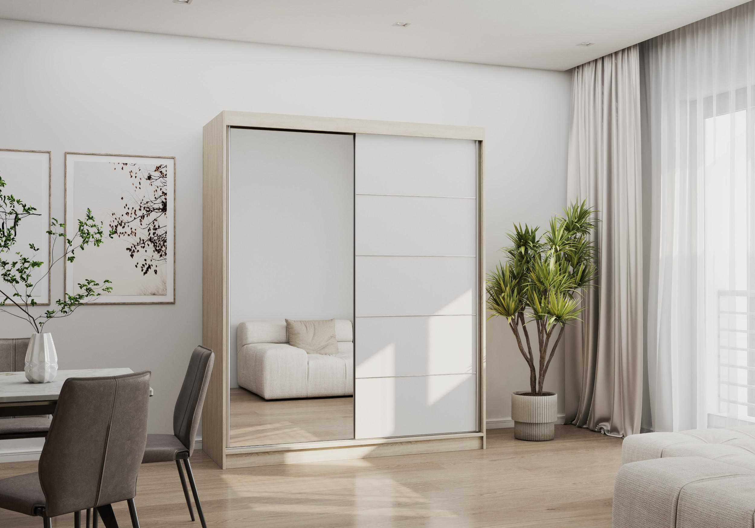SCHWEBETÜRENSCHRANK BONO 05 Sonoma Eiche/Weiß mit Spiegel 160 cm - Alufarben/Weiß, Holzwerkstoff/Metall (160/195/61cm) - imoebel24