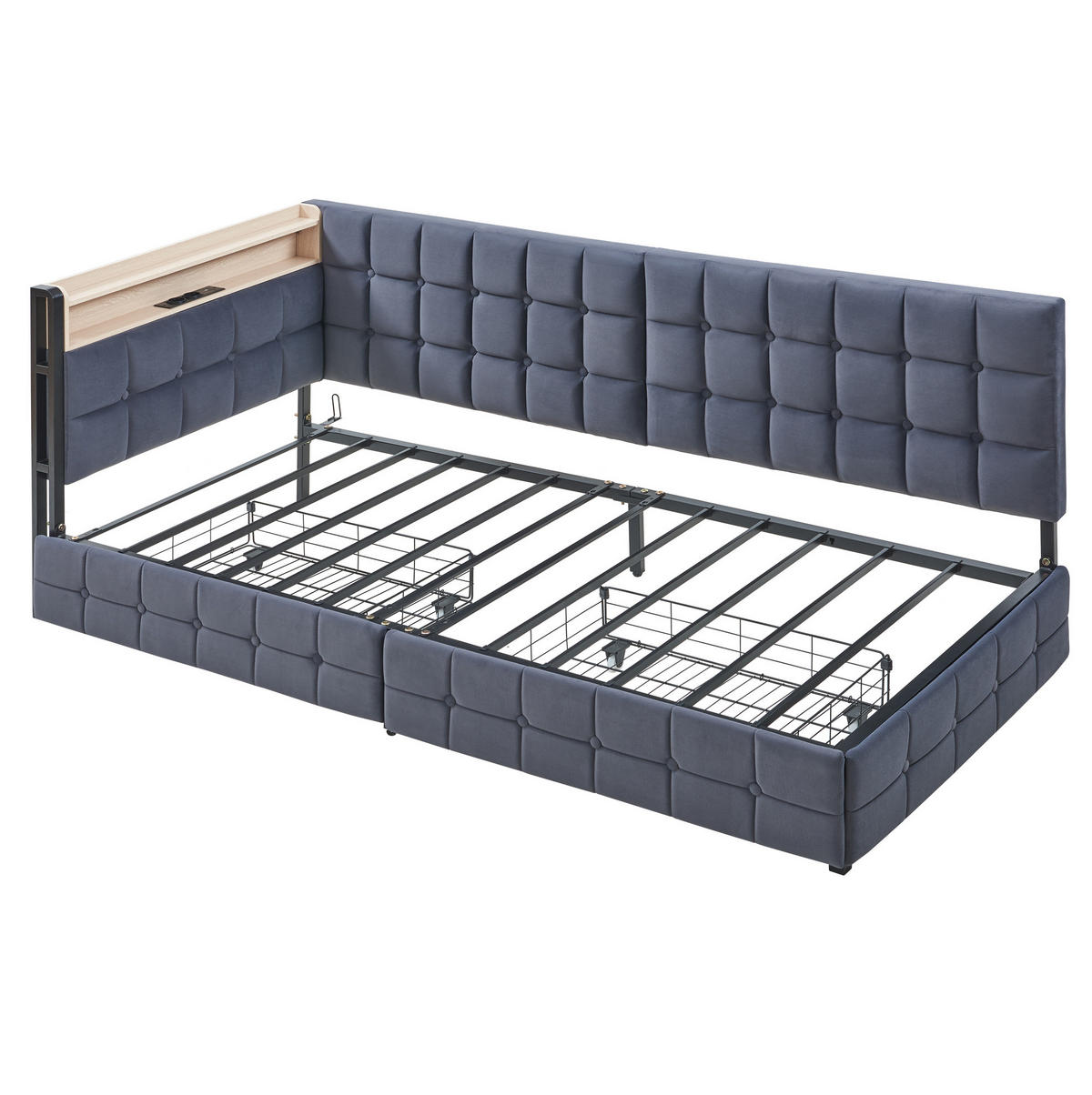 POLSTERBETT mit LED-Beleuchtung 90/200 cm mit 2 Schubladen und USB-C-Anschluss - Grau, Textil (90/200cm) - BEAOK