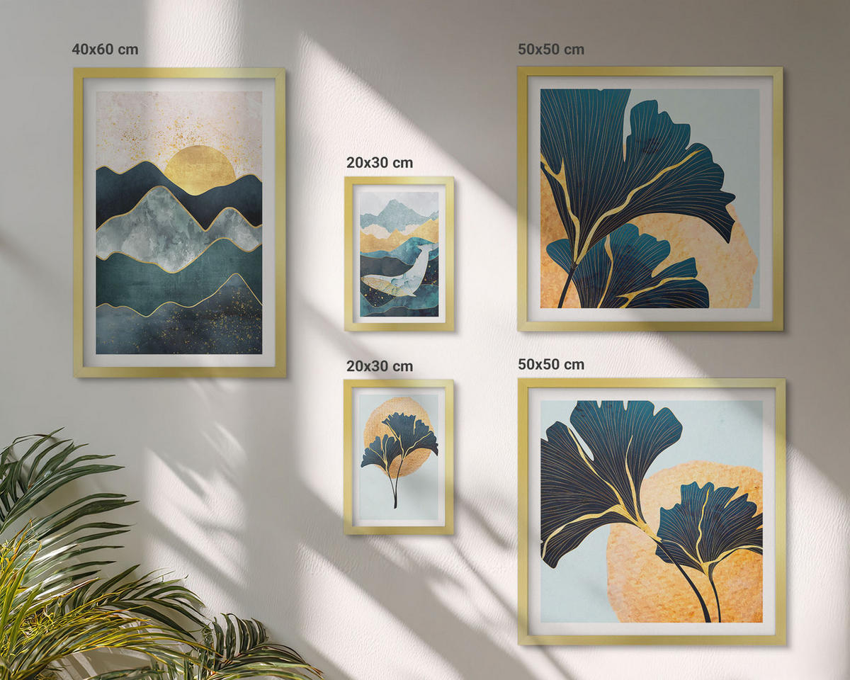 BILDER SET 5er Set - 50x50 cm & 20x30 cm & 40x60 cm Goldrahmen - Fruchtige Muster italienischer Wein - Goldfarben, Kunststoff (40/60cm) - TULUP