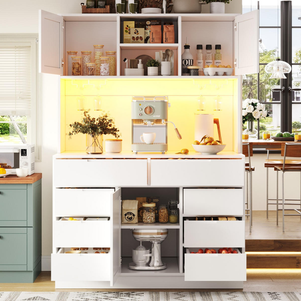 BUFFET 120/40/183,5 cm aus MDF mit LED-Beleuchtung und 8 Schubladen Weiß - Weiß, Holzwerkstoff (120/183.5/40cm) - Modenvie