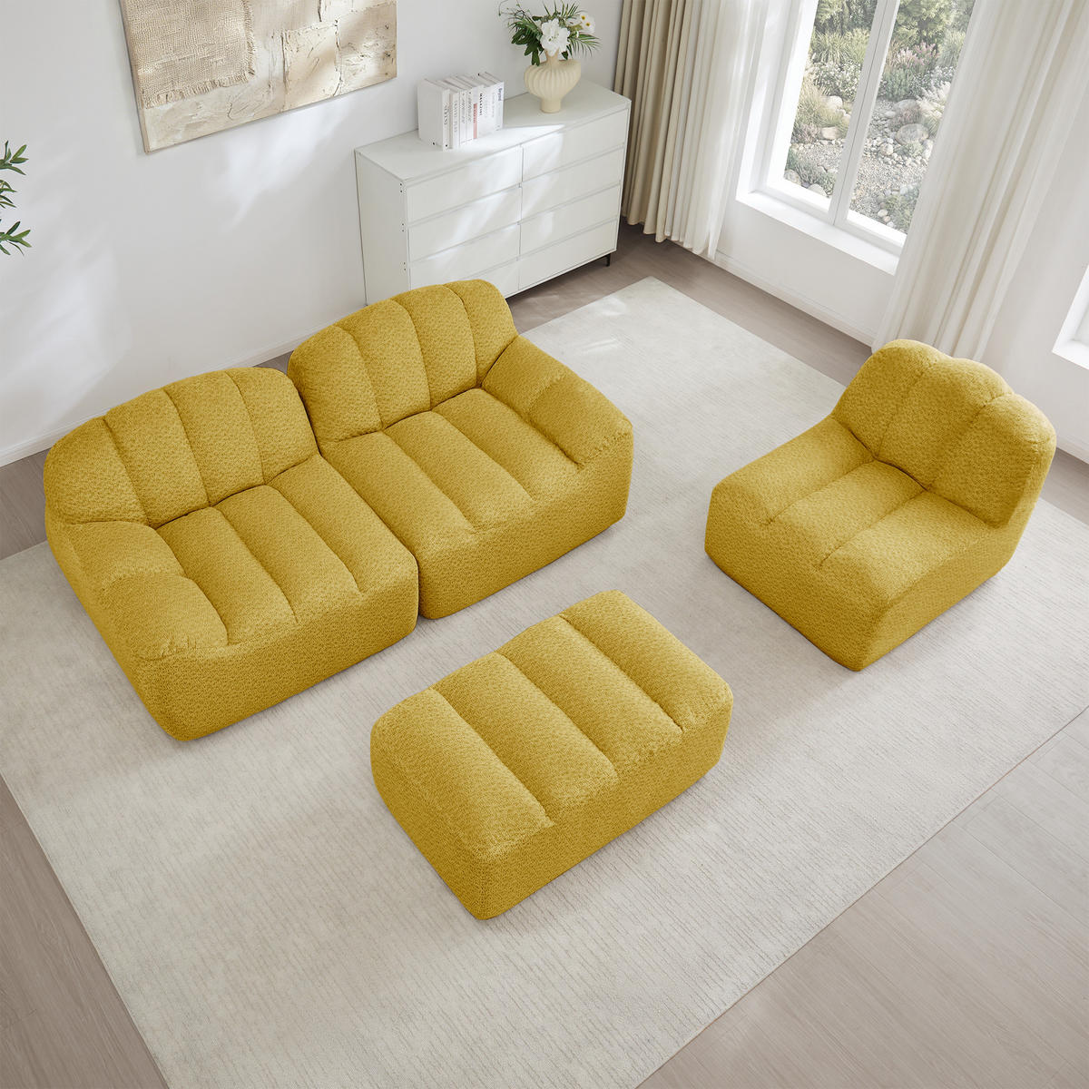ECKSOFA 288/165/79 cm Gelb Granulatvlies mit 1 Fußhocker - Gelb, Textil (288/165cm) - Oxeza