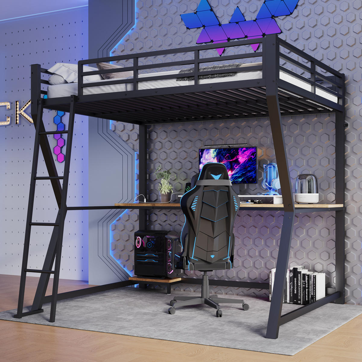 HOCHBETT 140x200cm Schwarz LED-Licht Computerablage Schreibtisch USB - Schwarz, Metall (140/200cm) - FLIEKS