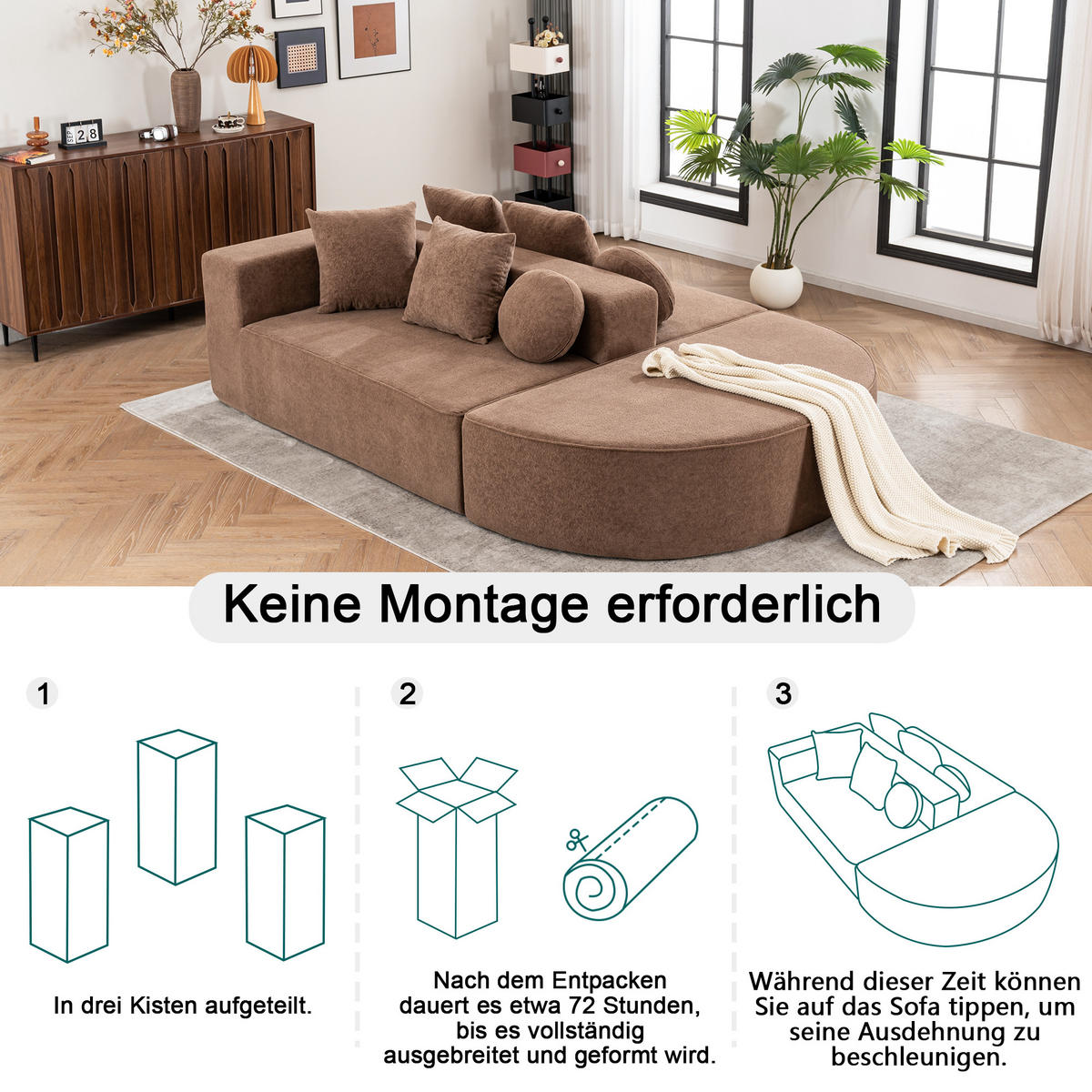 WOHNLANDSCHAFT Chenille Braun mit Kissen - Braun, Textil (263/66/171cm) - WISHDOR
