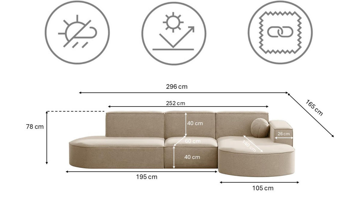 GARTENECKSOFA L-Form Garten Modena L Patio Beige Rechts - Beige, Holz/Textil (296/78/165cm) - Kaiser Möbel