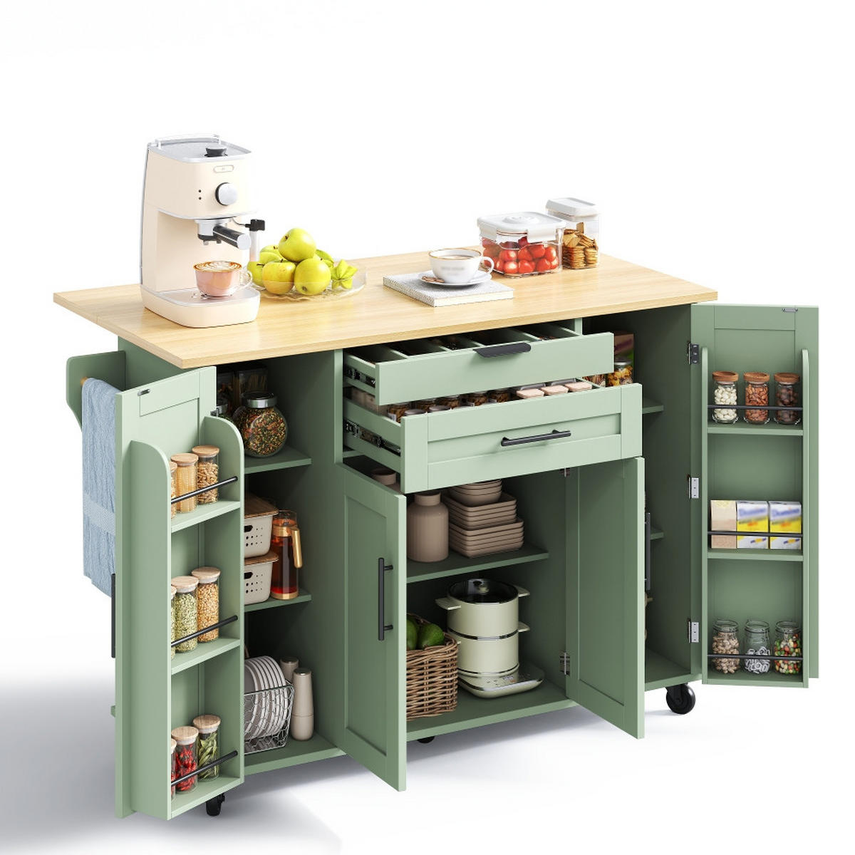 KÜCHENINSEL mit ausziehbarer Arbeitsplatte und verdeckter Besteckschublade, Holzoptik, 136/70/92 cm - Grün, Kunststoff (70/92/136cm) - Rolipo