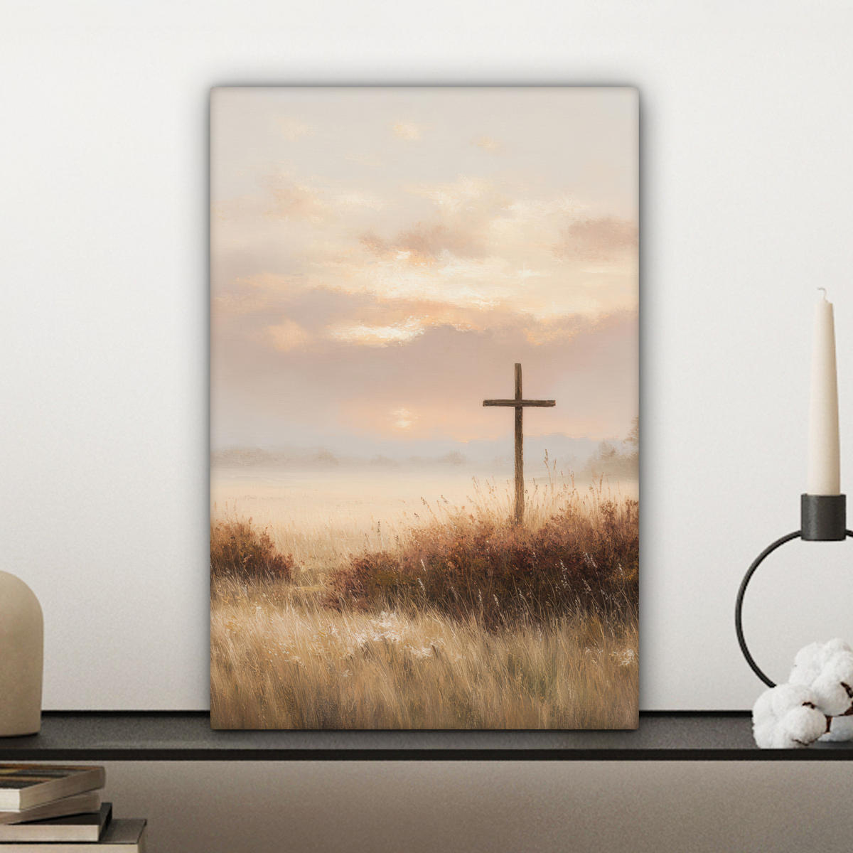 LEINWANDBILD Gras - Morgennebel - Kreuz - Christentum Deko Wohnzimmer 20x30 cm - Beige, Textil (20/30cm) - MuchoWow