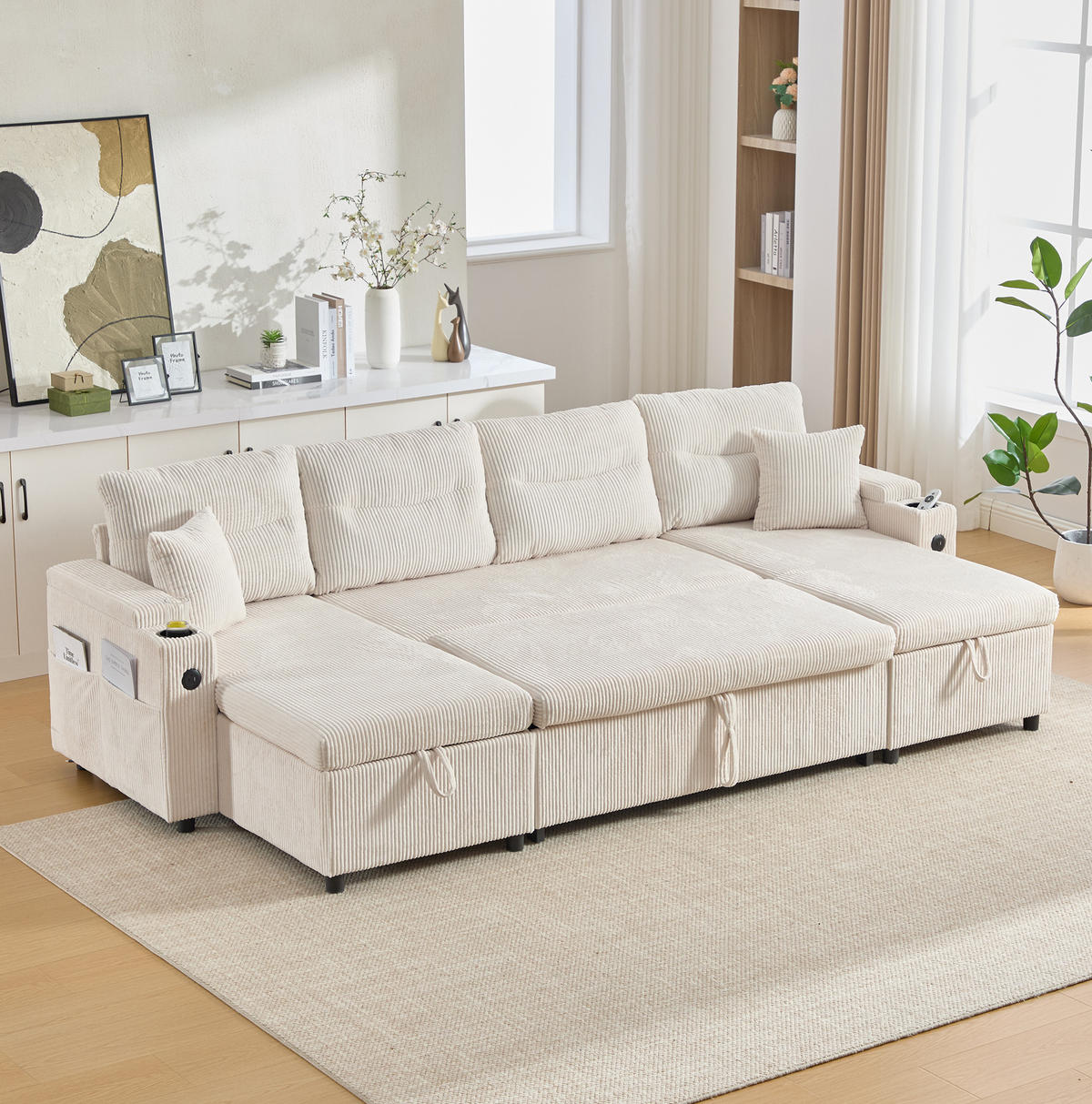 ECKSOFA 4-Sitzer Cord mit Stauraum und USB-Anschluss Schlaffunktion 272/136/86 cm Beige - Beige, Textil (136/86/272cm) - Redom