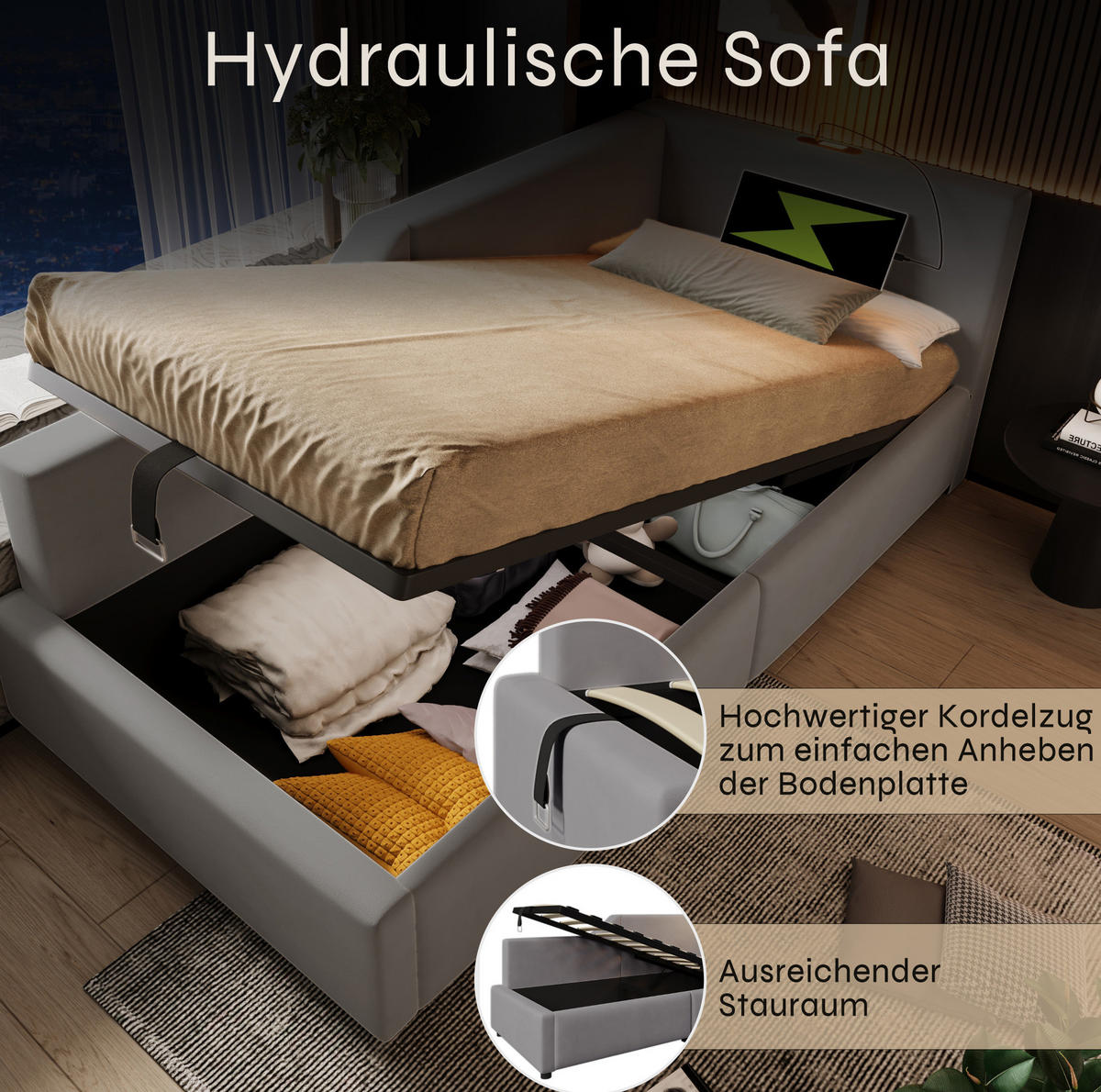 POLSTERBETT 90/200 cm mit hydraulischem Stauraum, Leselampe und USB-C-Anschluss, Samt, Grau - Grau, Holz (90/200cm) - Redom